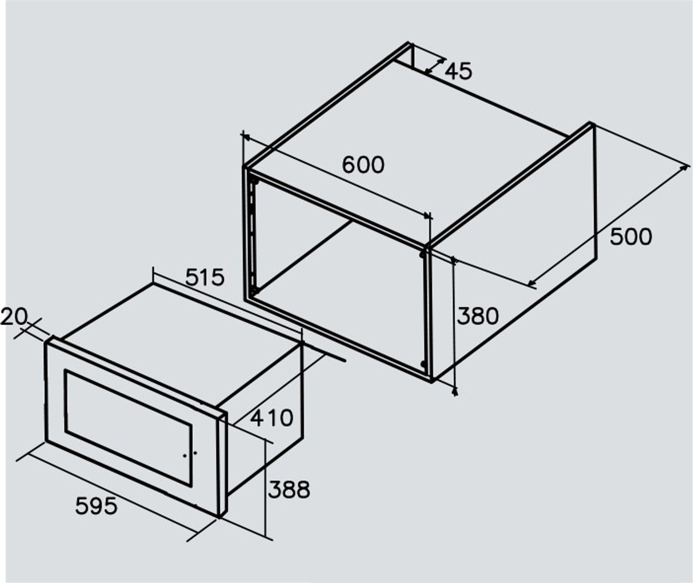 Diagramma delle dimensioni del microonde. Forma rettangolare. Sfondo grigio.