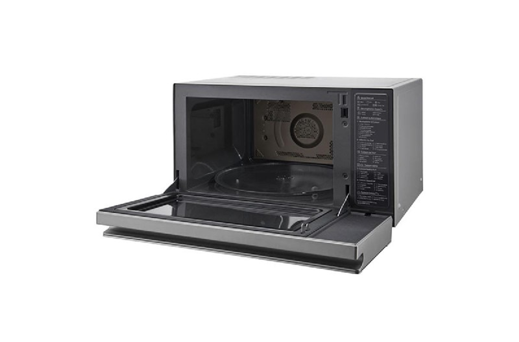 Czarna kuchenka mikrofalowa LG z otwartymi drzwiami. Wnętrze z widocznym szklanym talerzem.