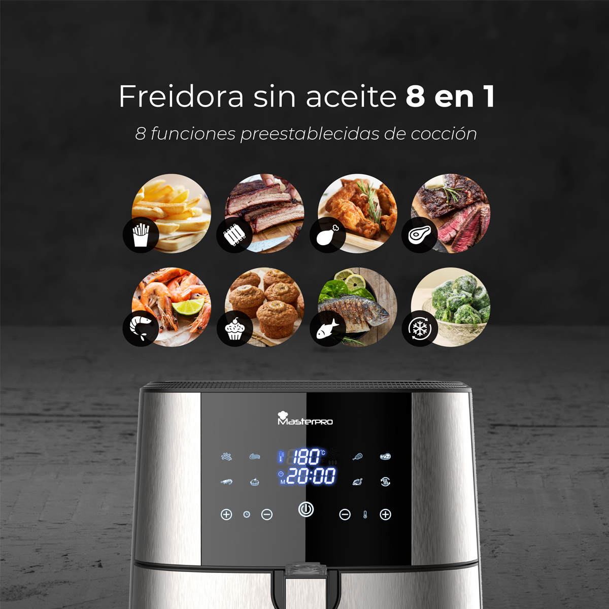 Freidora de aire con imágenes de alimentos cocinados y pantalla digital con temperatura y tiempo.