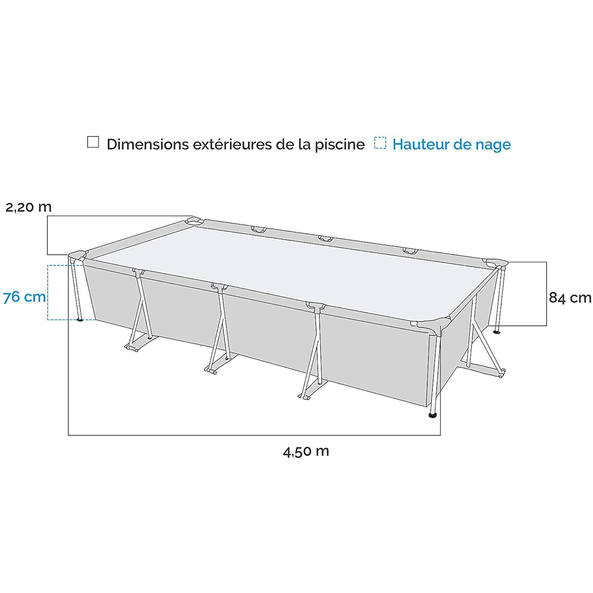 Wymiary prostokątnego basenu, 4,50 m długości, 2,20 m szerokości, 76 cm głębokości i 84 cm wysokości wody.
