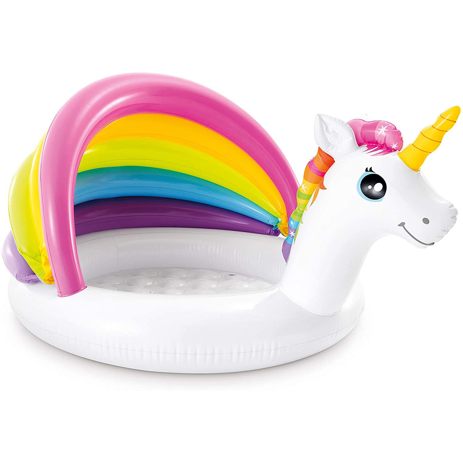 Aufblasbarer Einhorn-Pool mit Regenbogenbogen und weißem Körper. Es hat ein lächelndes Gesicht.