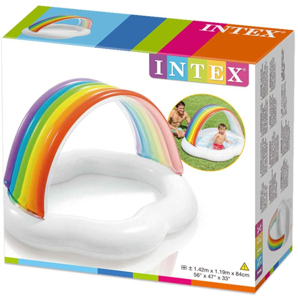 Ein bunter Regenbogen-Pool mit Baldachin. Die Box zeigt den Pool und die Abmessungen.