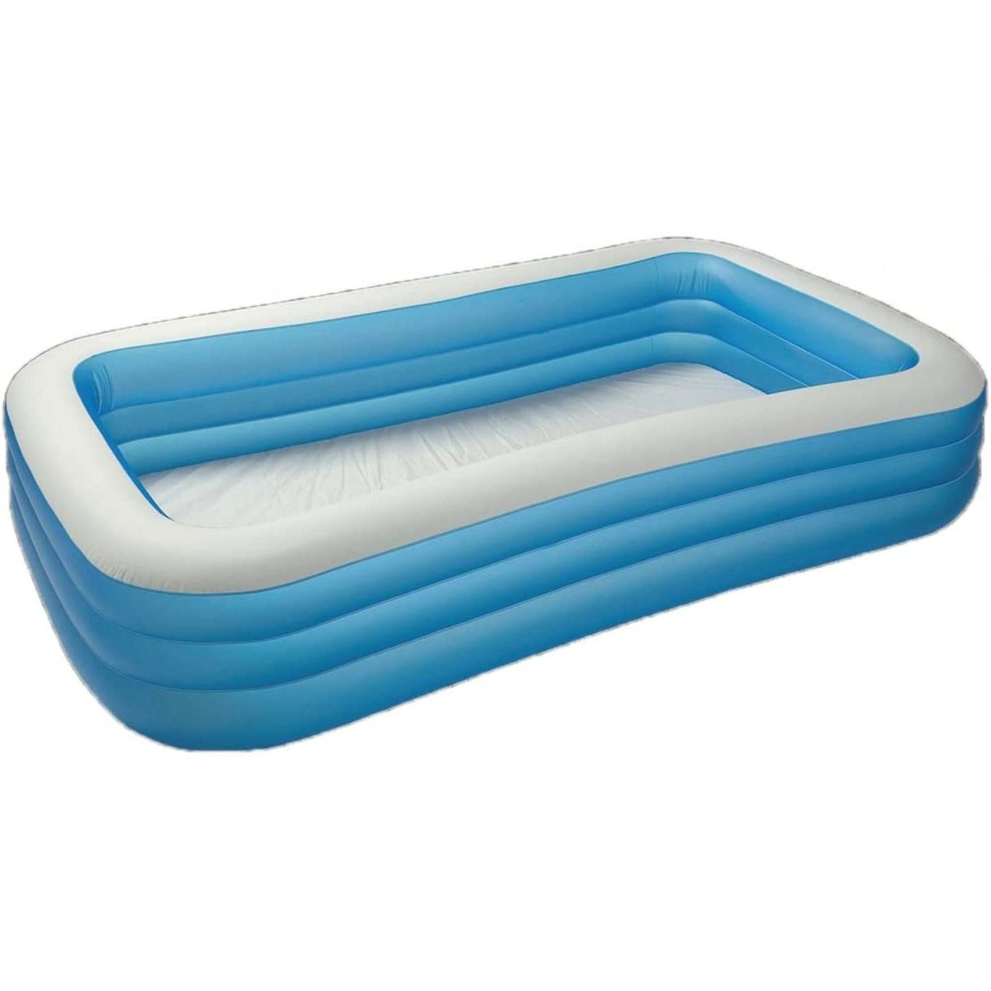 Blau-weißer aufblasbarer rechteckiger Pool. Er hat mehrere Schichten und einen weißen Innenraum.