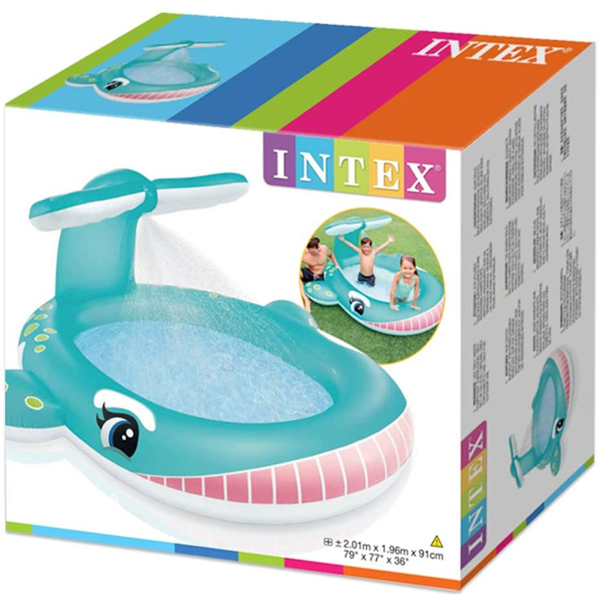 Ein walförmiger aufblasbarer Pool mit einer Box, die den Pool und Personen zeigt.