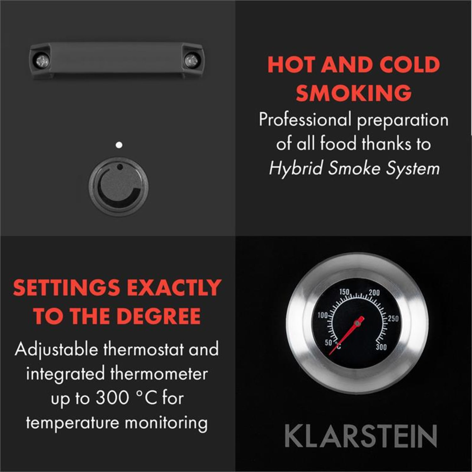 Schwarzer Smoker mit Thermometer und Text über Heiß- und Kalträuchern und Thermostat.