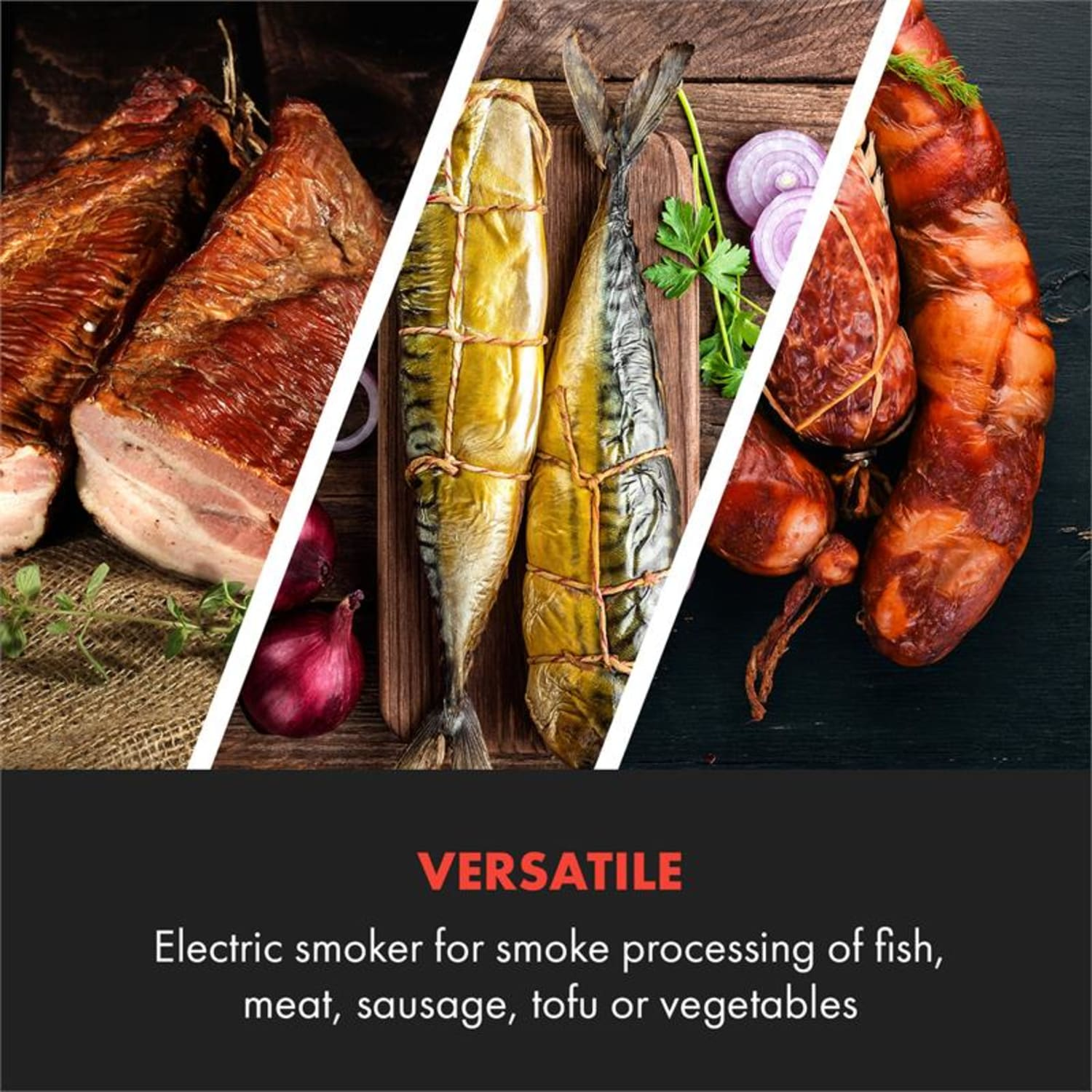 Sortiment aus geräuchertem Fisch, Fleisch und Wurst. Sie liegen auf Holzbrettern mit roten Zwiebeln.