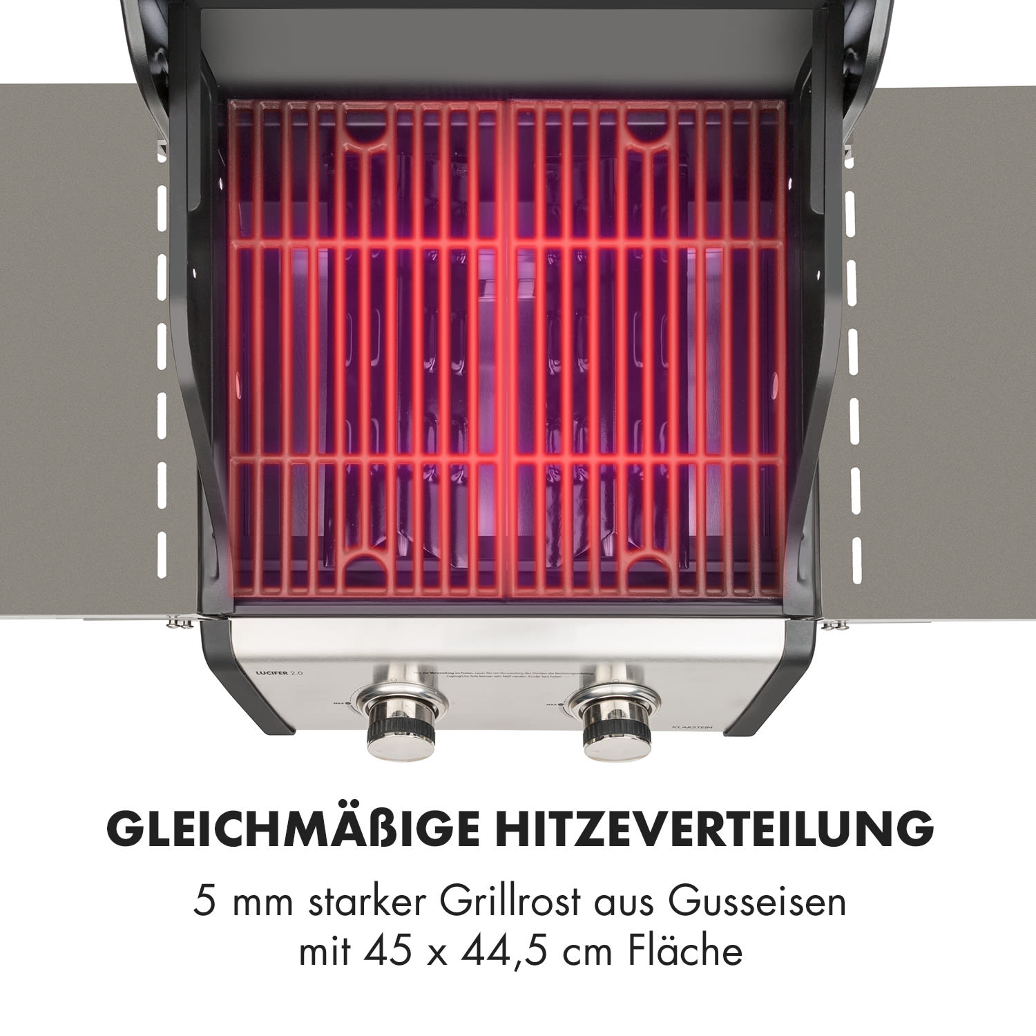 Grill mit rot glühenden Heizelementen. Edelstahl und Schwarz.