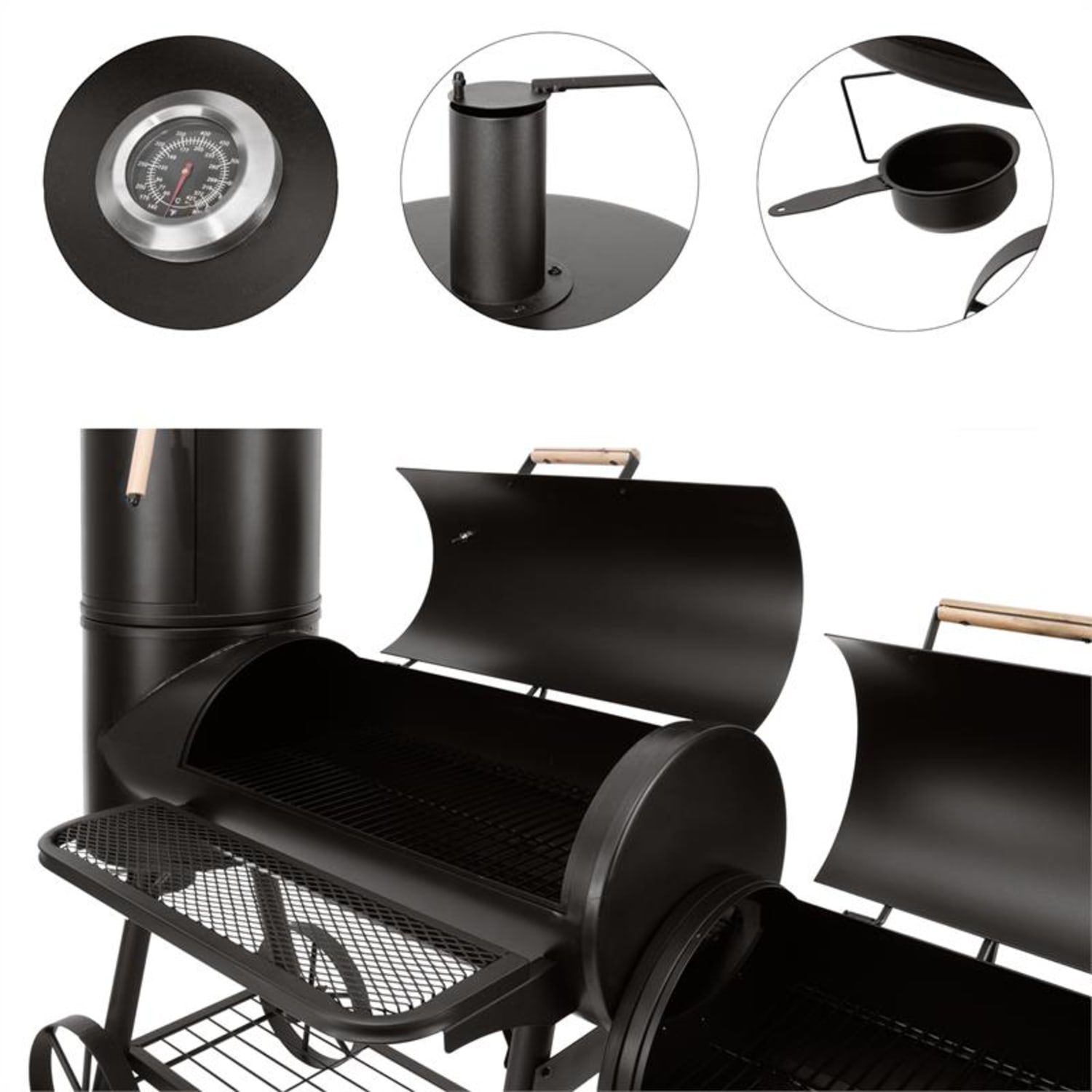 Nahaufnahme eines schwarzen Grills mit Thermometer, Schornstein, Griff und geöffnetem Deckel. Mehrere Teile sind sichtbar.