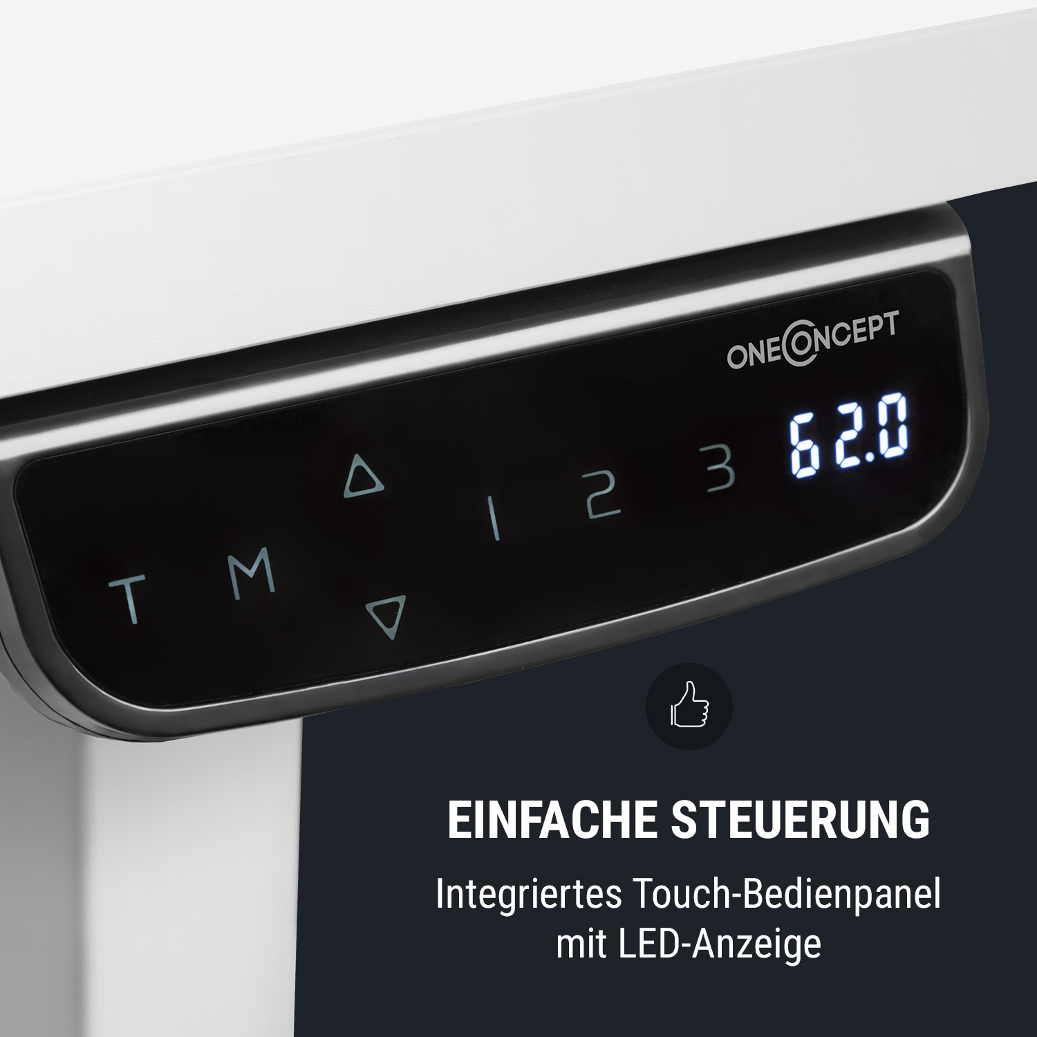 Ein Bedienfeld mit Zahlen und Tasten zur Höhenverstellung eines Schreibtischs, mit einem Daumen-hoch-Symbol.