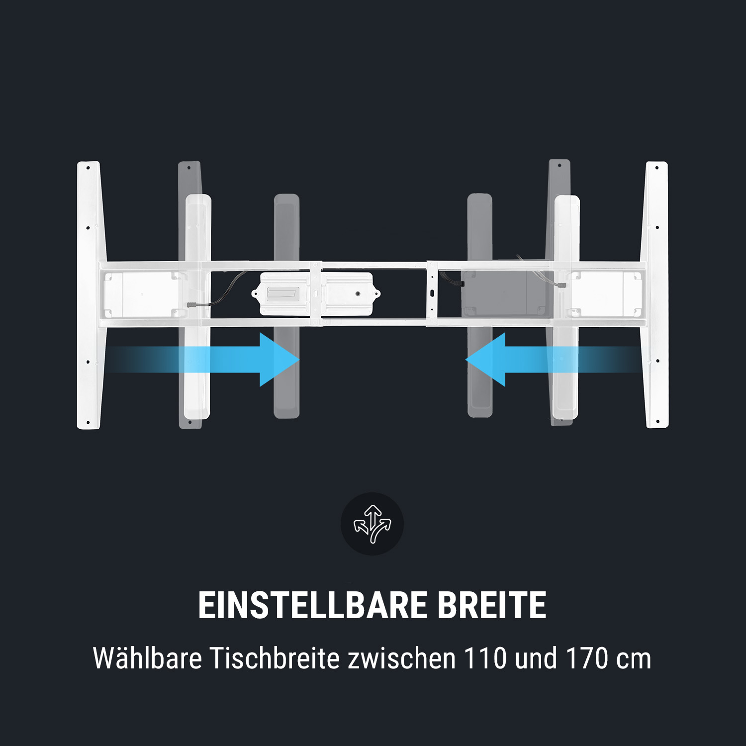 Diagramm eines weißen, verstellbaren Schreibtischgestells mit Pfeilen zur Breitenanpassung.