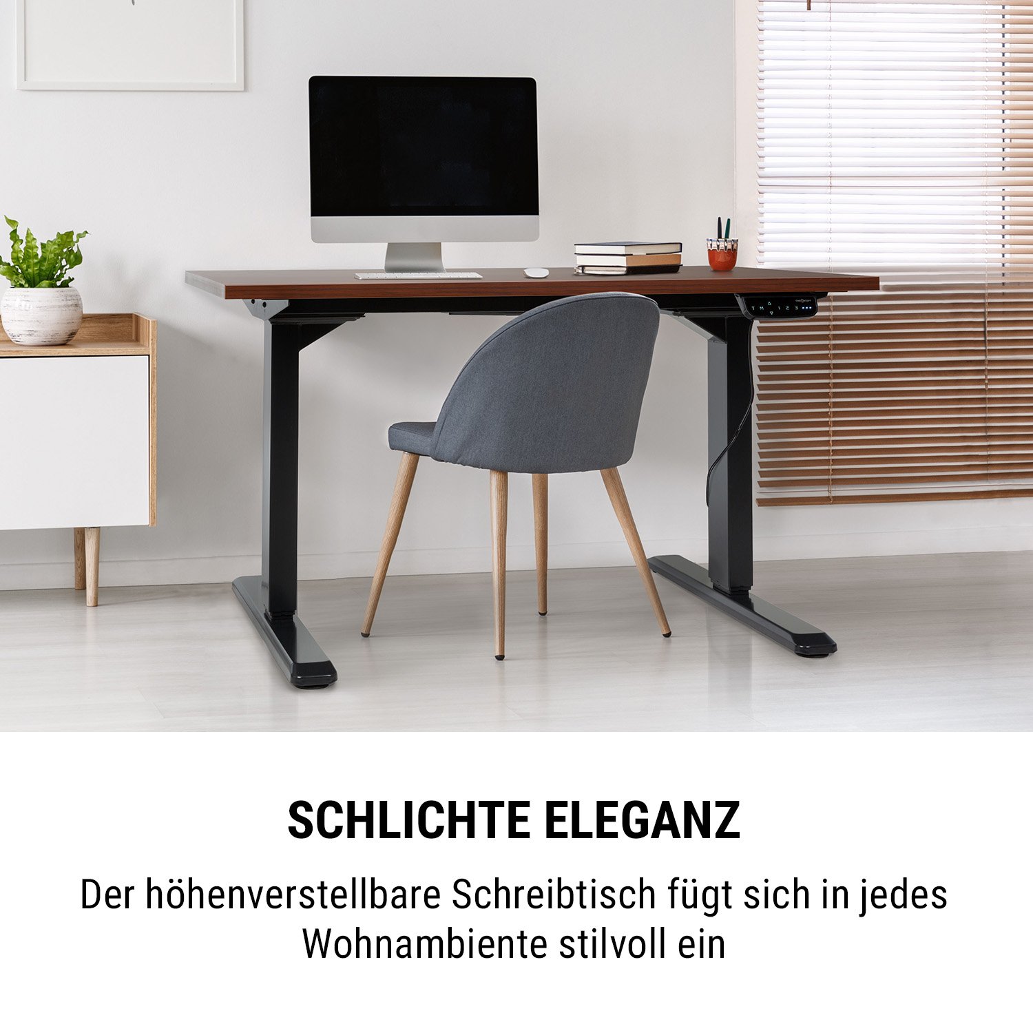Moderner Schreibtisch mit Computer und Stuhl. Text unten: 'SCHLICHTE ELEGANZ'.