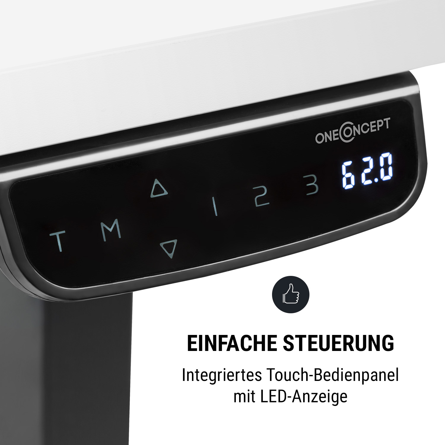 Nahaufnahme eines schwarzen Schreibtisch-Bedienfelds. Es zeigt Knöpfe und eine Digitalanzeige.
