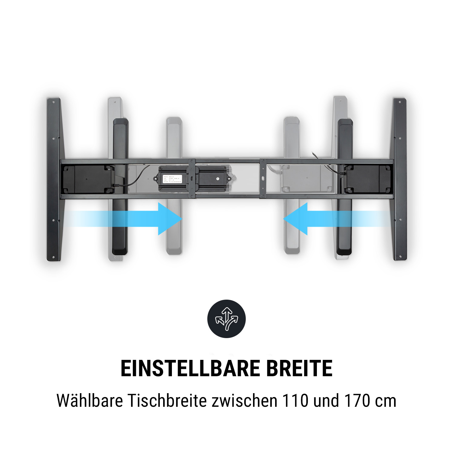 Ein schwarzes und graues verstellbares Schreibtischgestell mit Pfeilen zur Breitenanpassung.