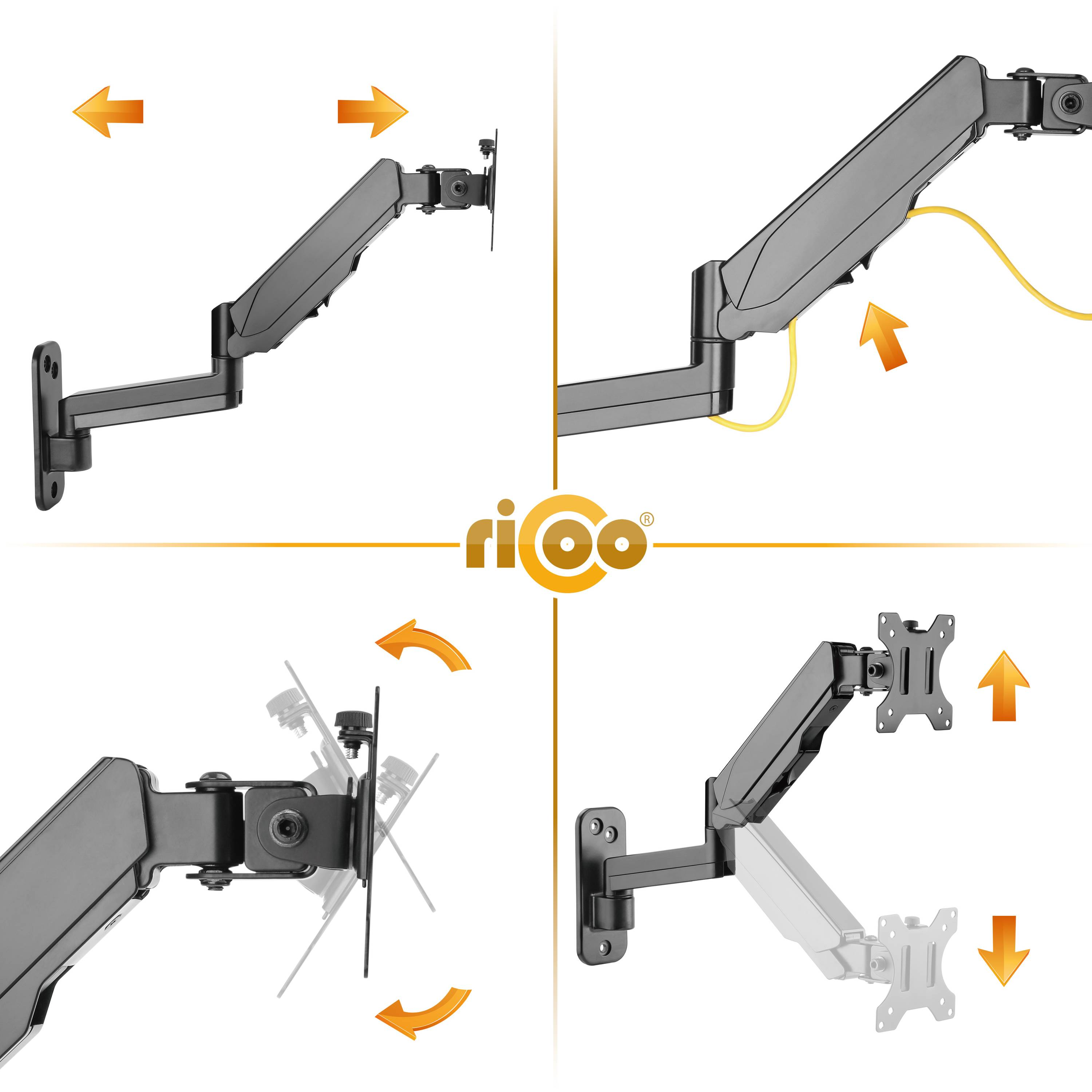 Mehrere Ansichten eines Monitorarms, die Einstellungsoptionen und das Rico-Logo zeigen.