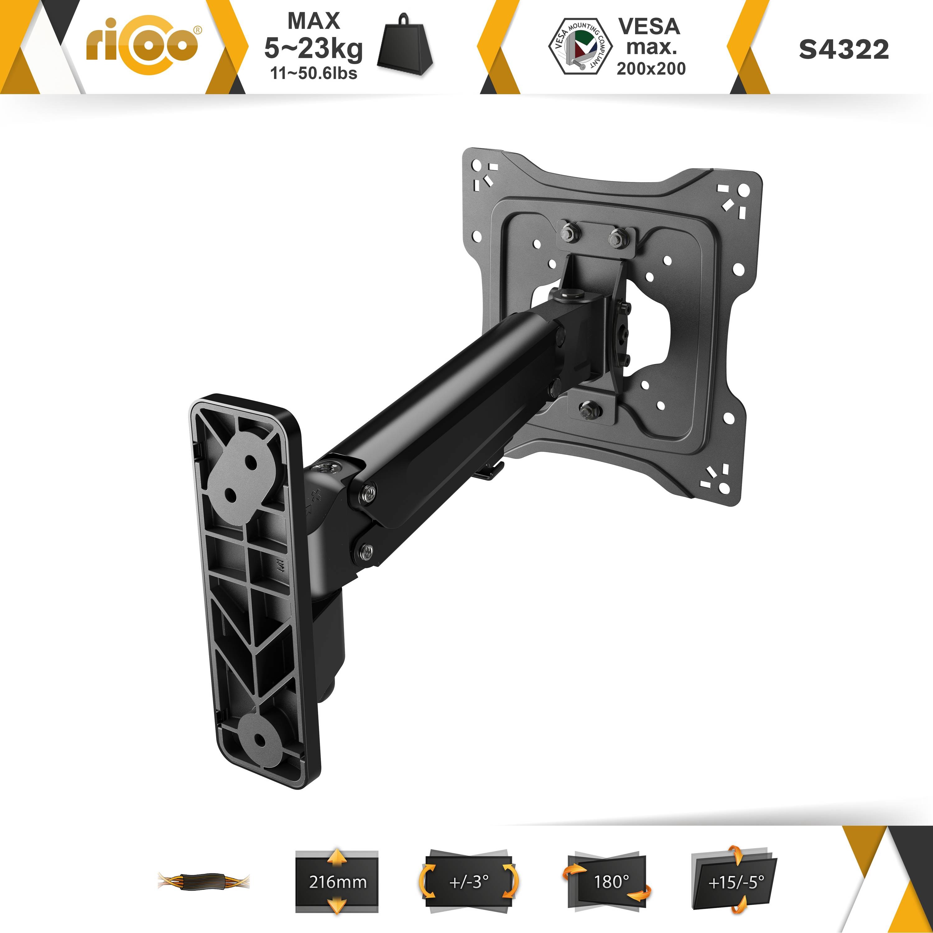 Schwarze TV-Wandhalterung. Text: Max 5~23kg, VESA max 200x200.