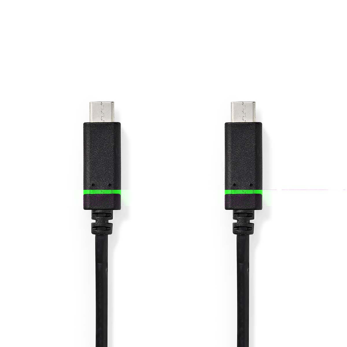 Zwei schwarze USB-C-Kabel mit grünen Lichtindikatoren. Weißer Hintergrund. Anschlüsse an beiden Enden.