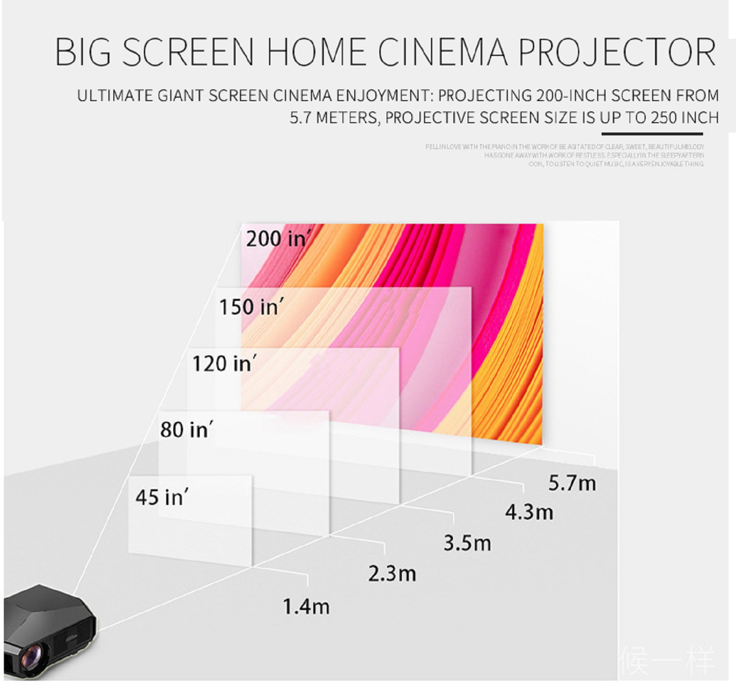 Proyector de cine en casa con tamaños de pantalla proyectados. Detalles de superposición de texto.
