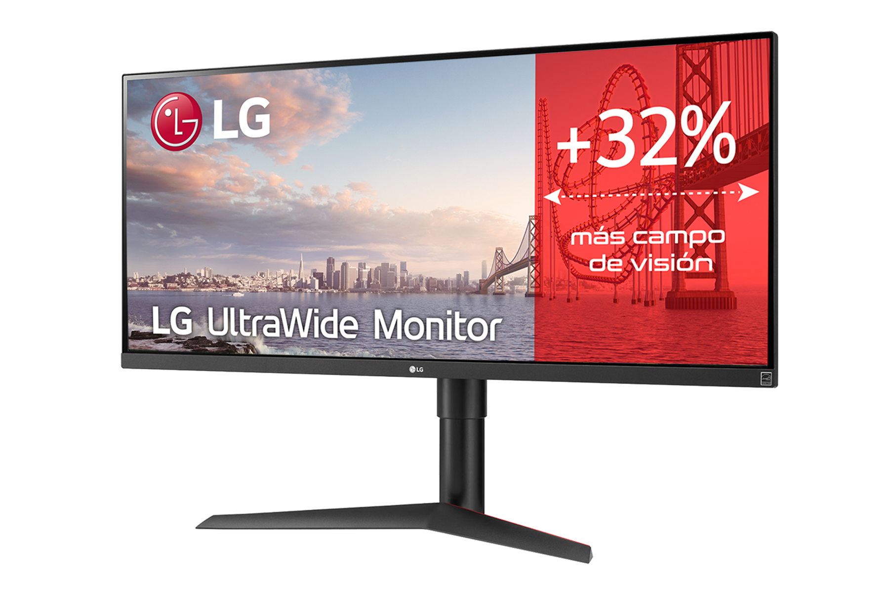 Un monitor LG Ultrawide mostra un paesaggio urbano a sinistra e un grafico a destra con un supporto.