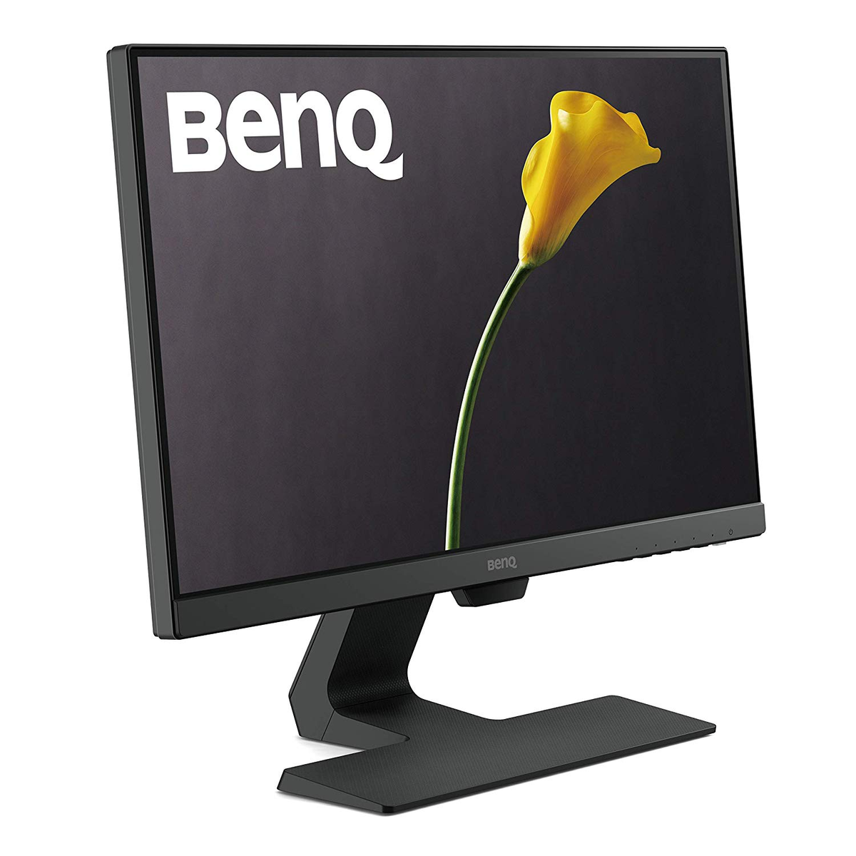Monitor BenQ, czarny, z żółtym kwiatem na ciemnym tle.