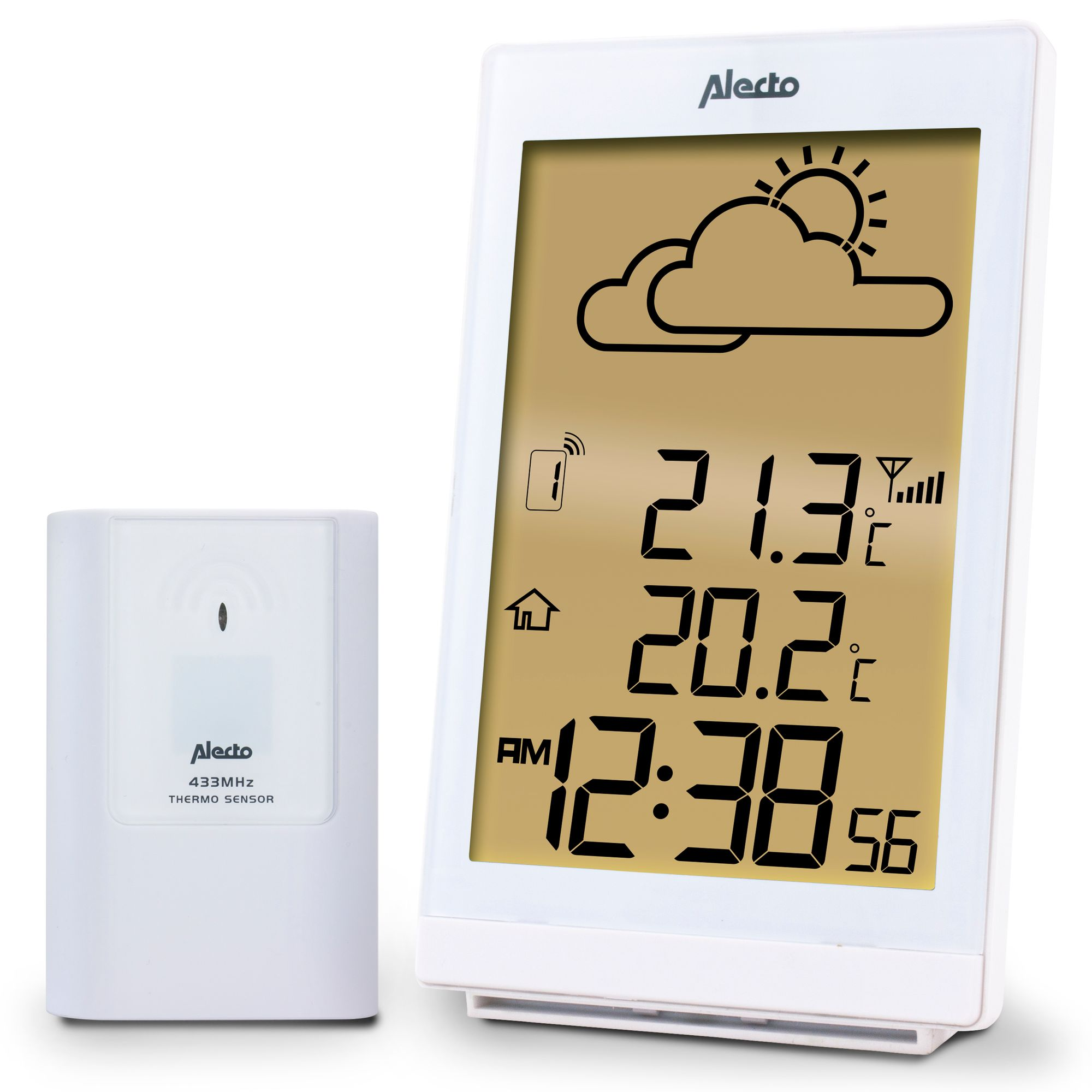 Weiße Wetterstation mit Anzeige von Zeit, Temperatur und Wettersymbolen sowie einem kleinen Sensor.