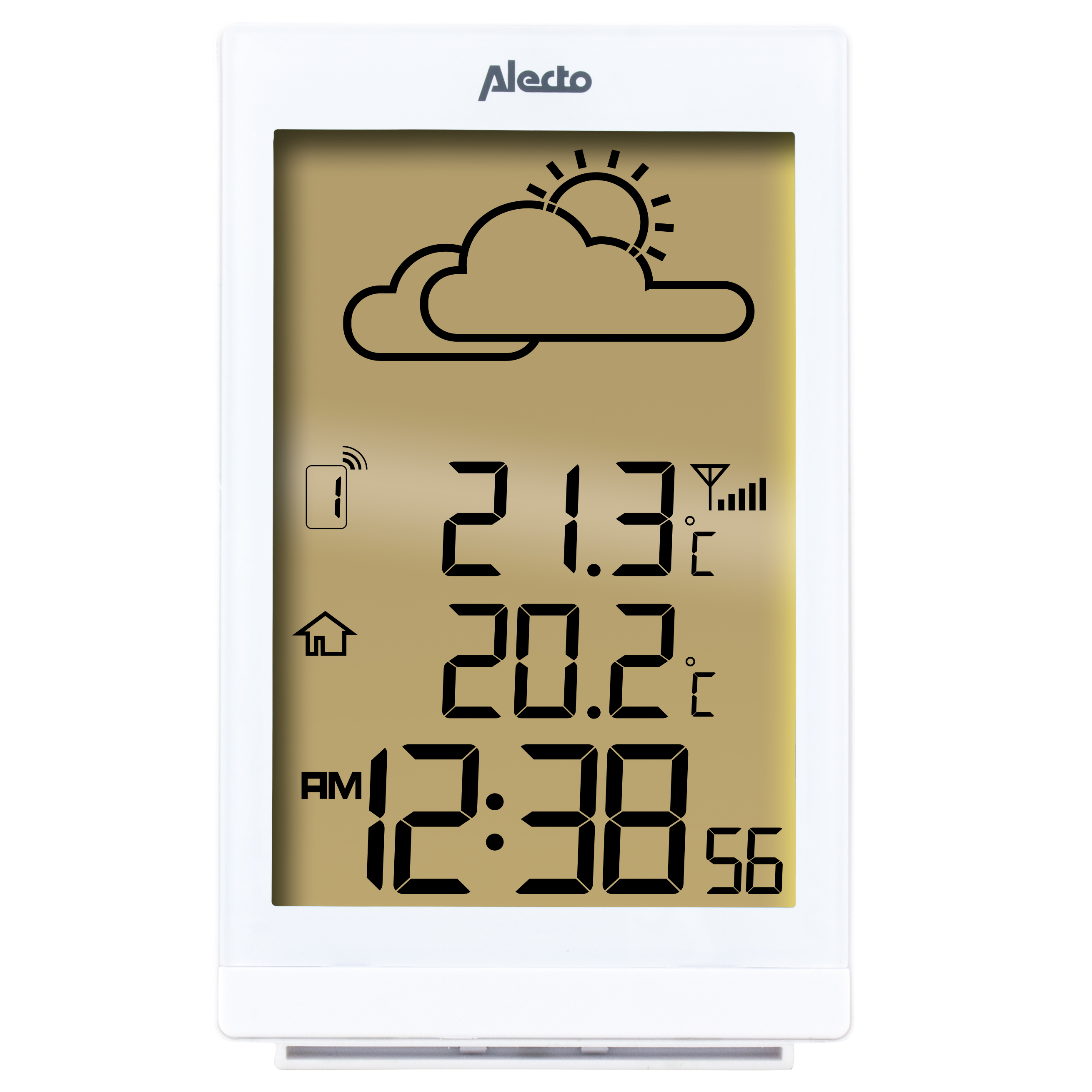 Weiße Wetterstation mit Digitalanzeige. Sie zeigt die Uhrzeit, Temperatur und Wettersymbole an.