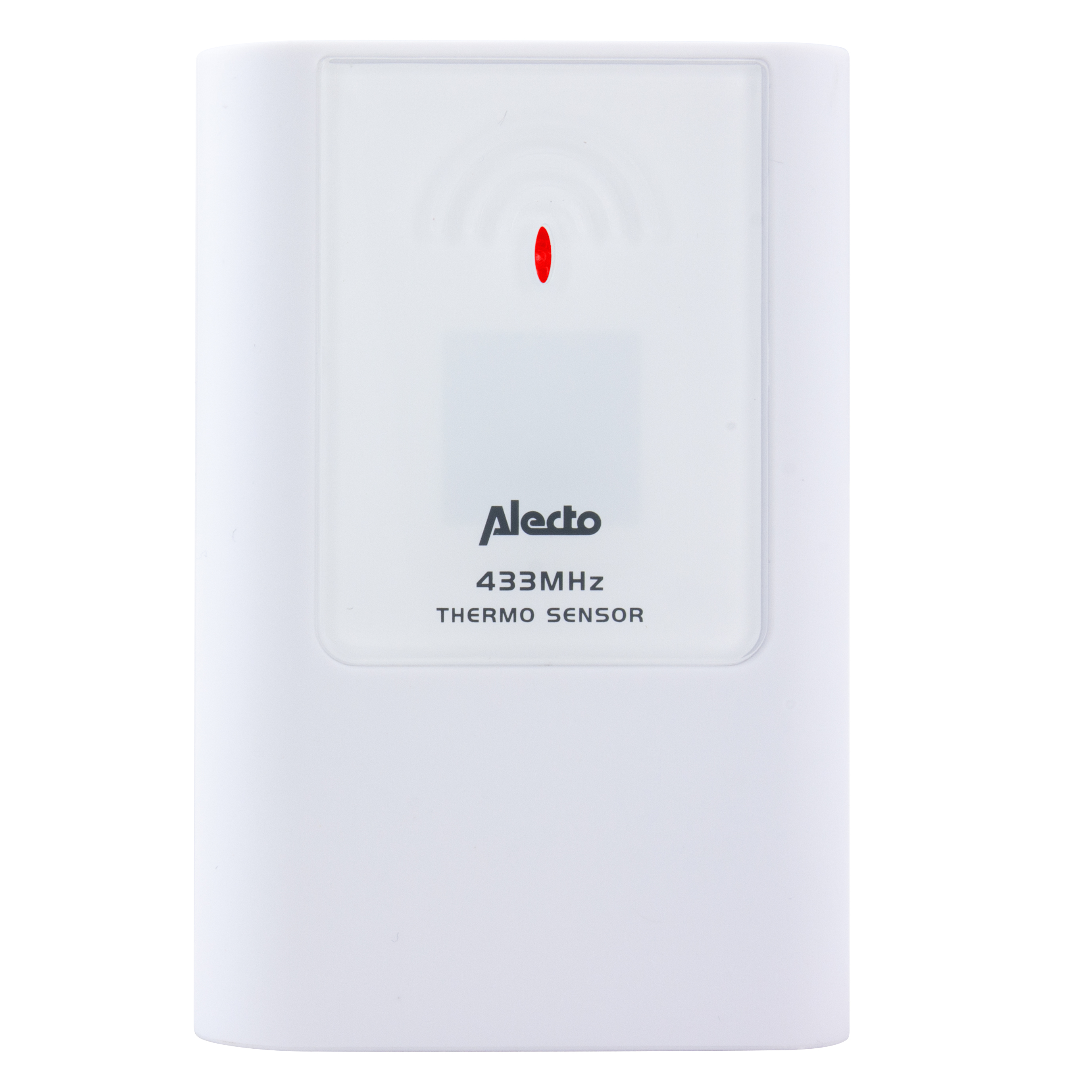 Weißer Thermosensor mit rotem Licht. Markenname und Spezifikationen sind sichtbar.