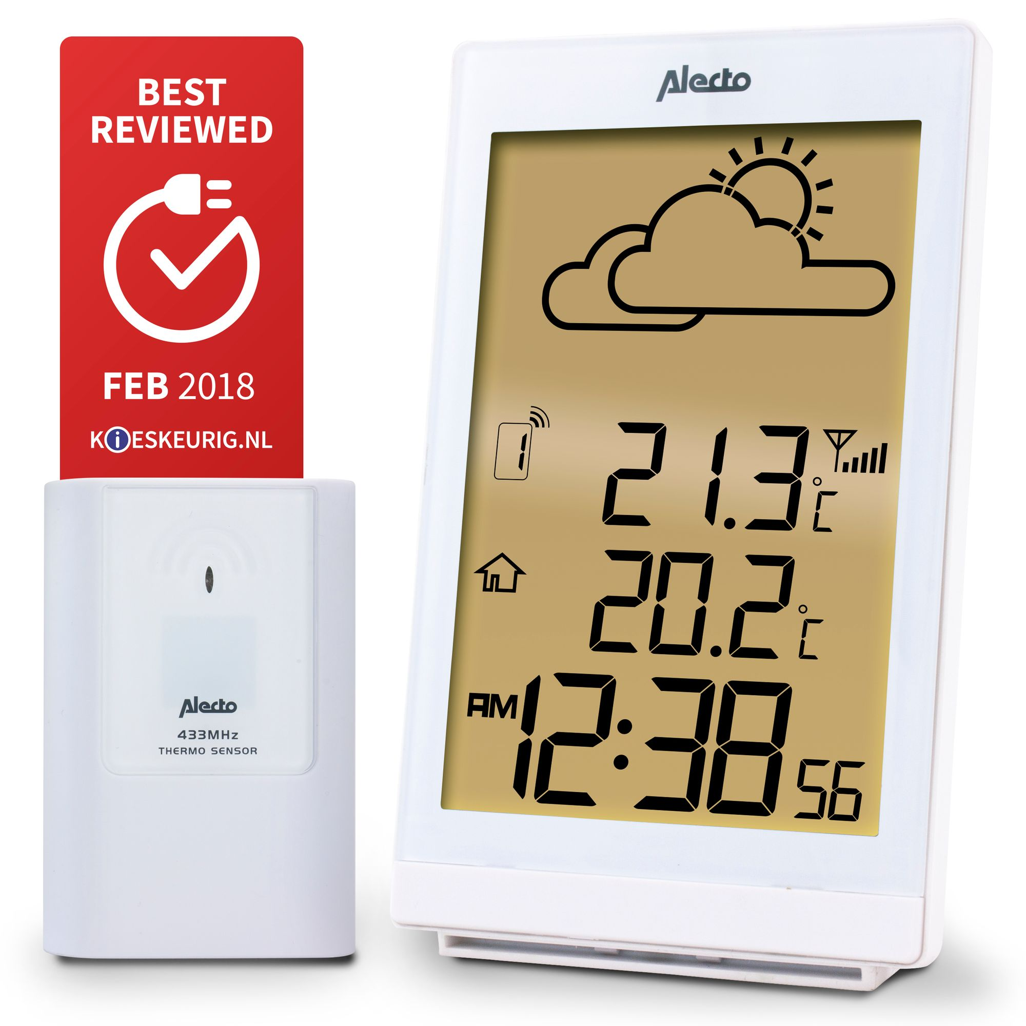 Eine weiße Wetterstation mit Anzeige von Wetterinformationen und Uhrzeit.