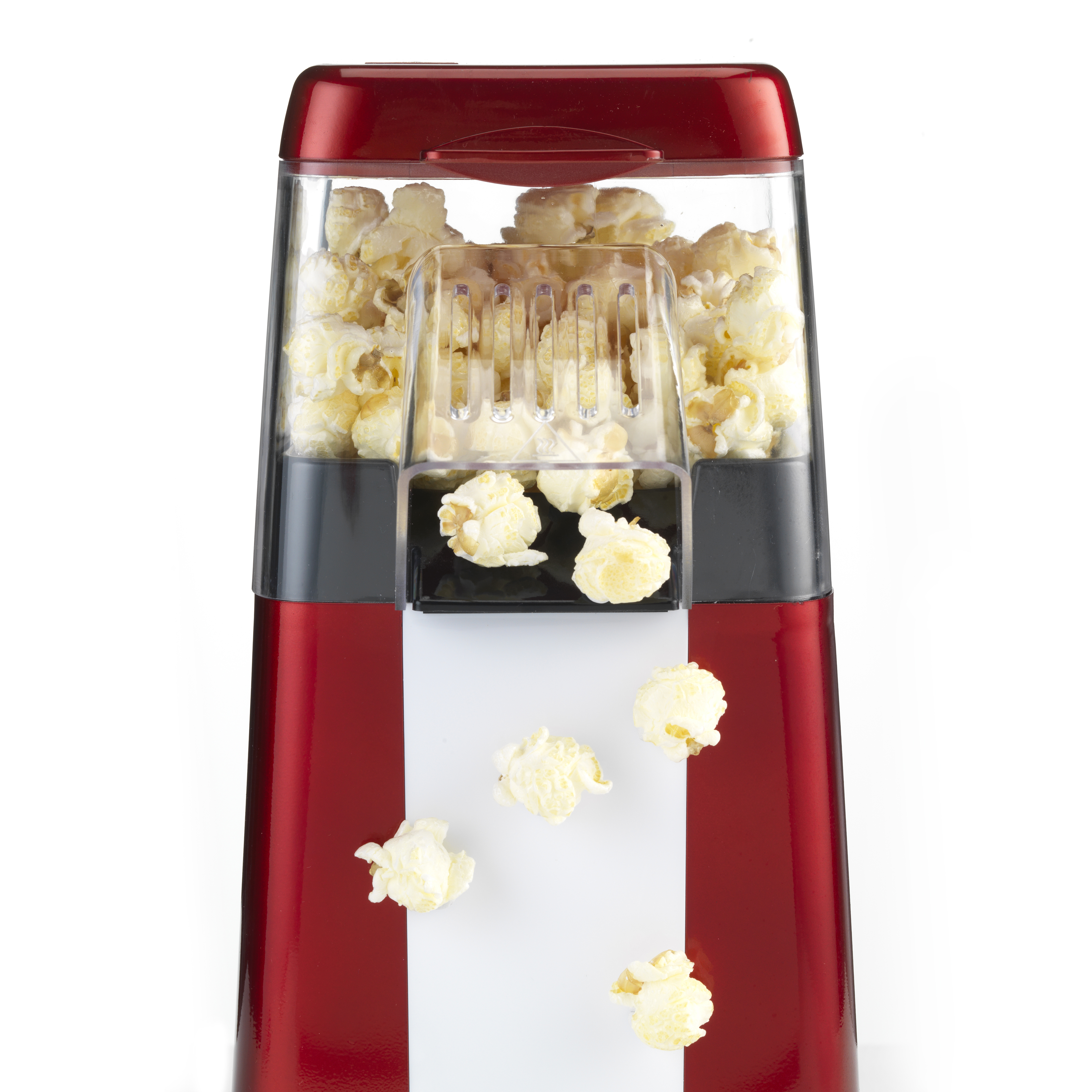 Roter und weißer Popcorn-Maker mit gepopptem Popcorn.