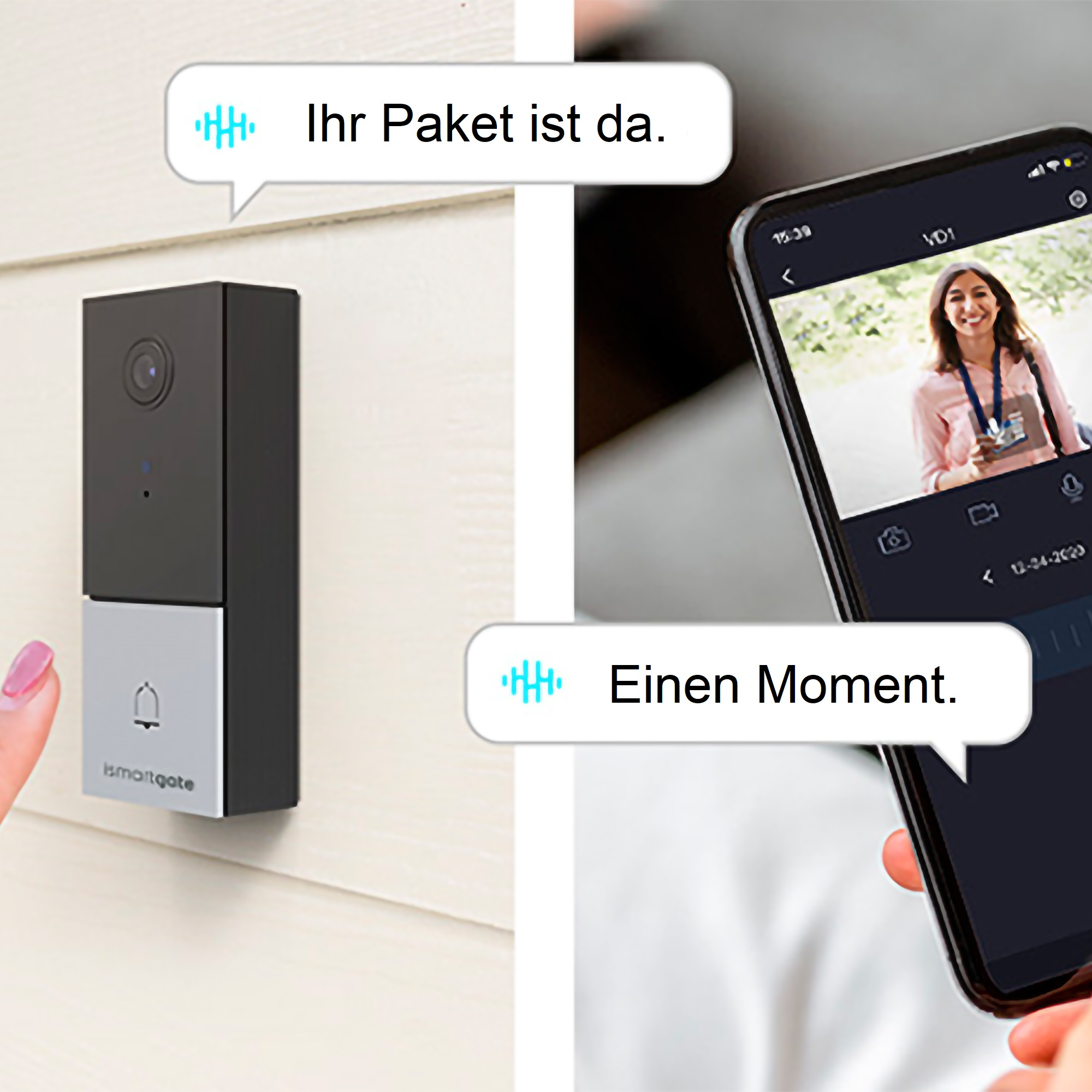 Smarte Türklingel und Telefon mit Frau. Sprechblasen sagen: 'Ihr Paket ist da'.