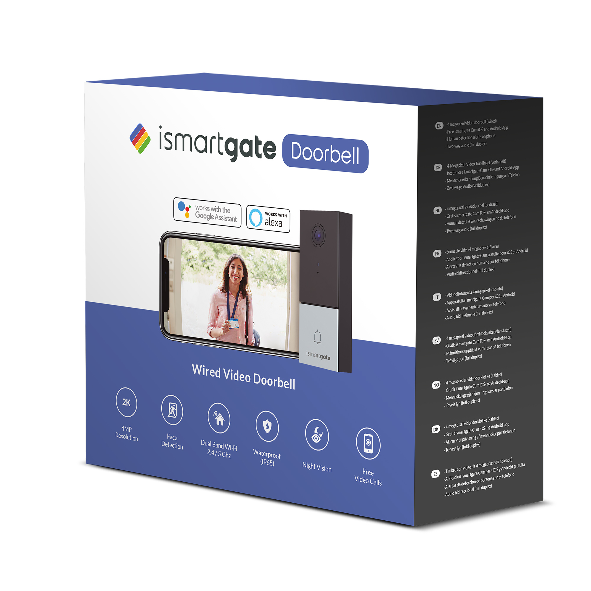 Verpacktes iSmartgate-Türklingelprodukt. Zeigt ein Bild einer Frau auf einem Telefonbildschirm.