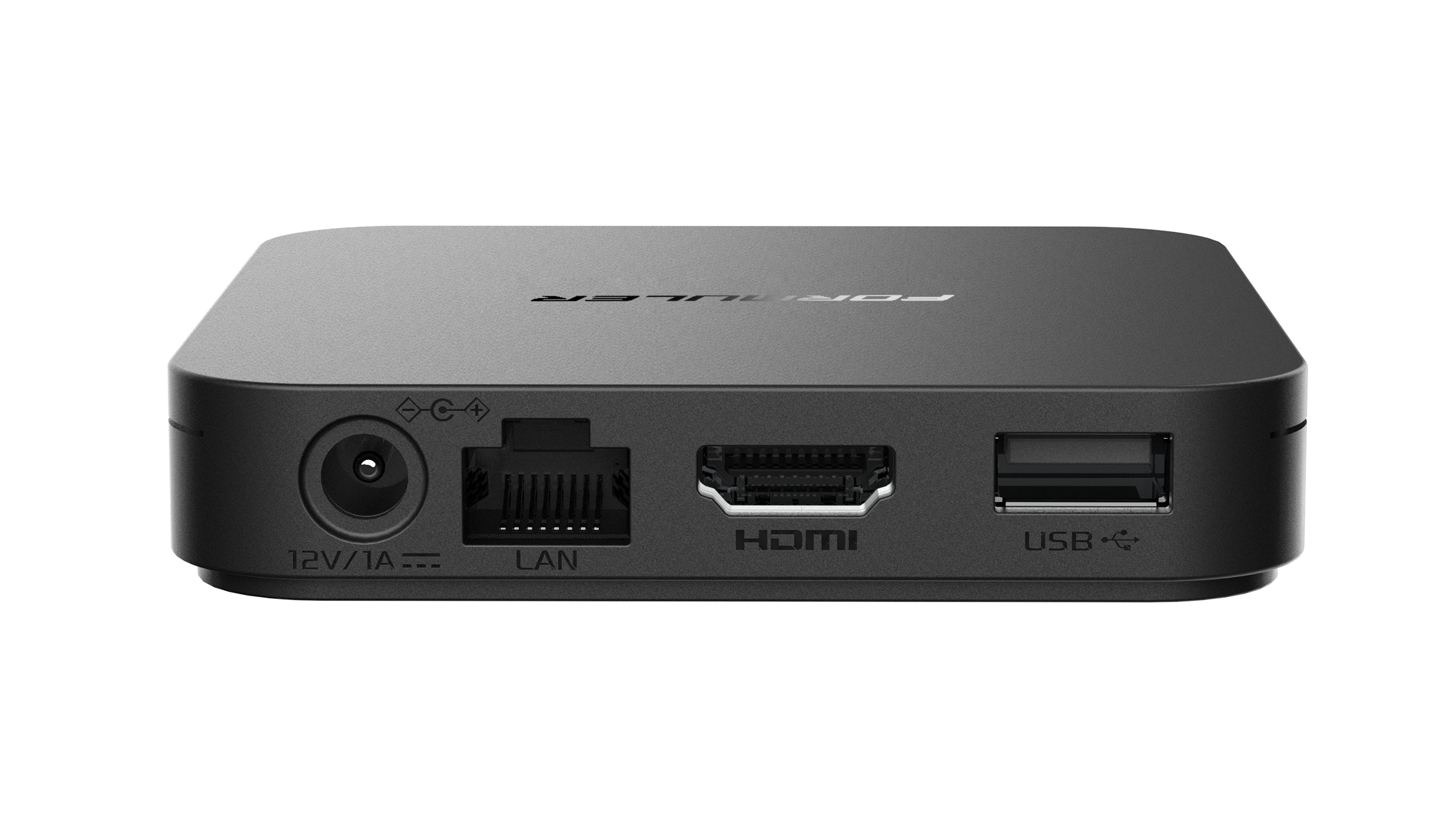 Schwarzes Gerät mit Anschlüssen: Strom, LAN, HDMI, USB. Schwarzer Hintergrund.