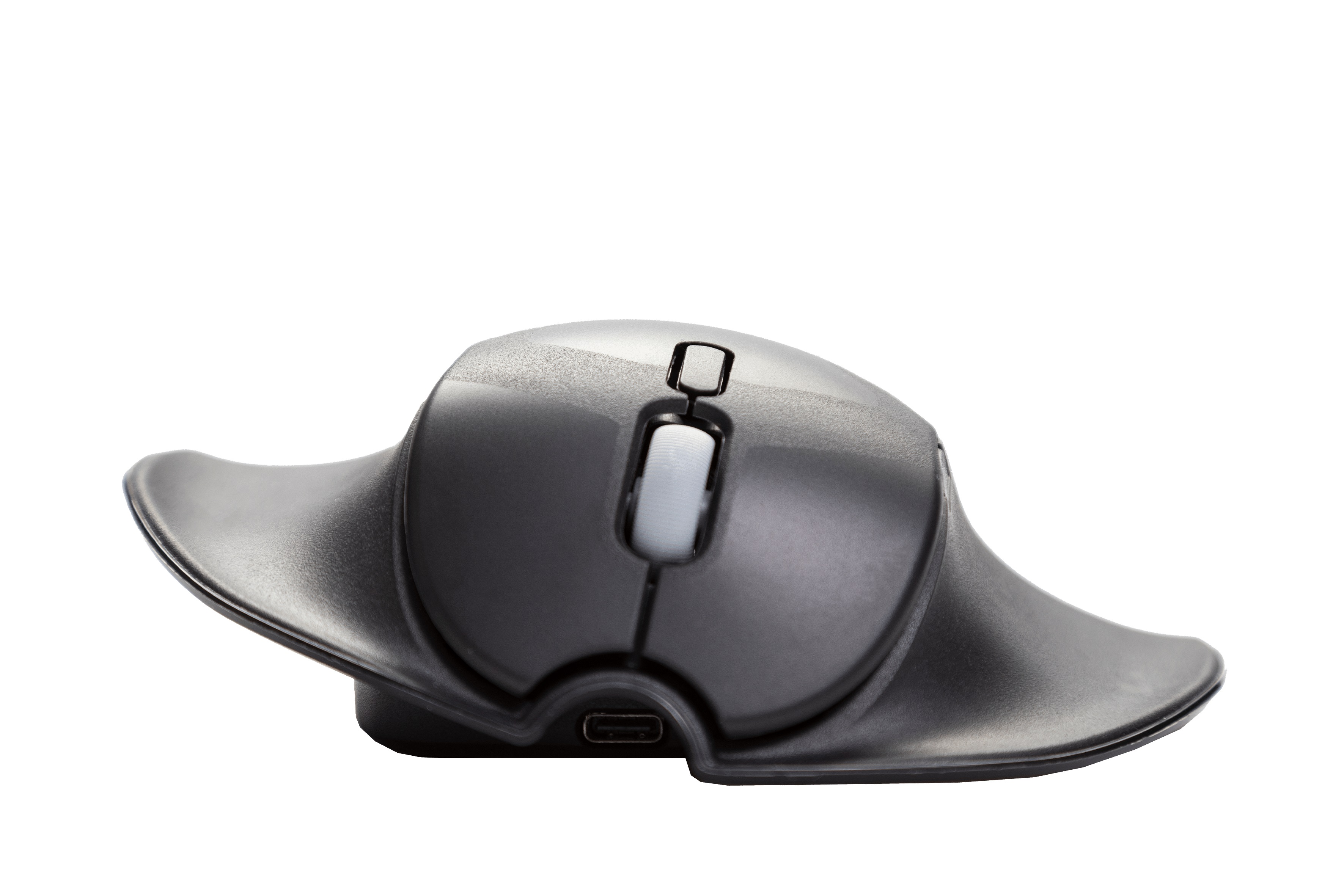 Ergonomische schwarze Computermaus. Verfügt über Tasten, ein Scrollrad und Handauflagen. Isoliert auf weißem Hintergrund.