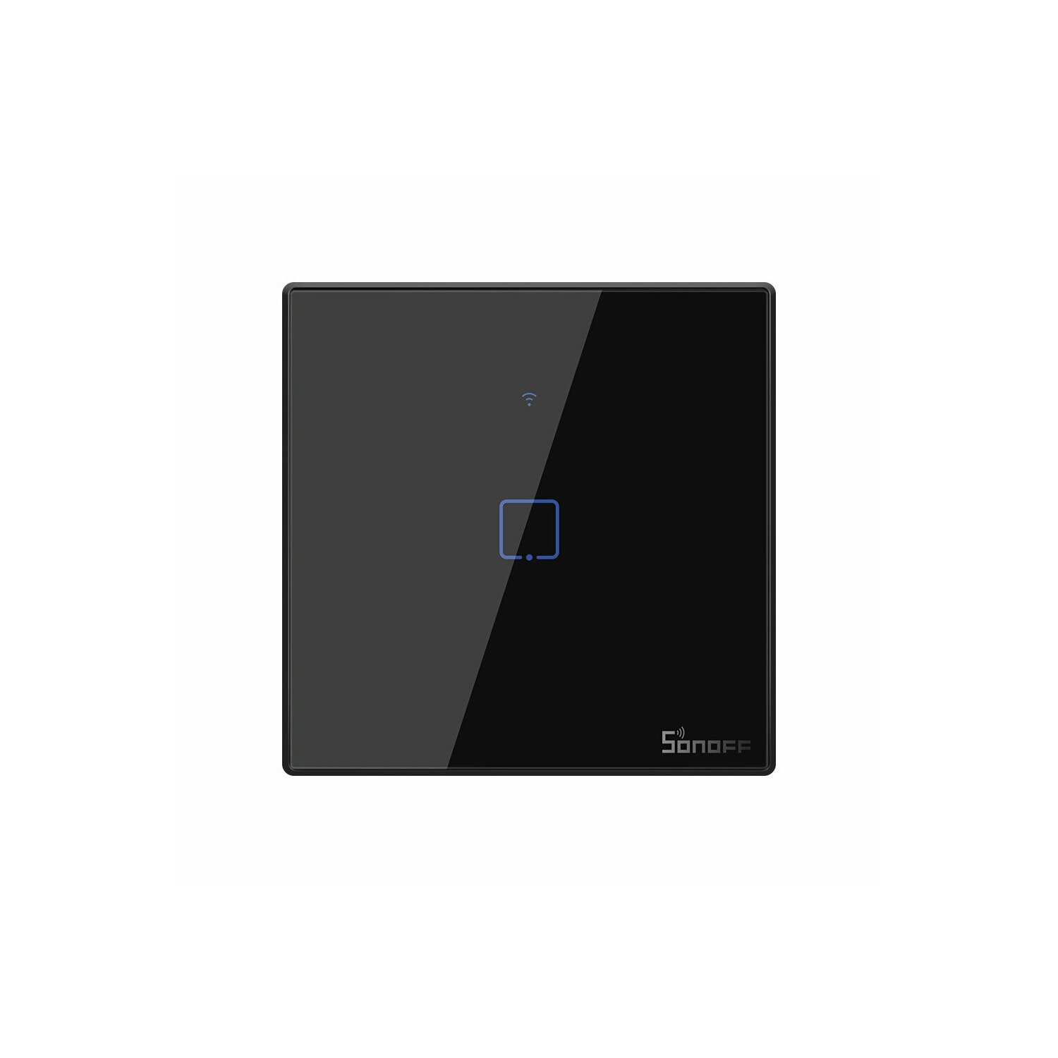 Schwarzer intelligenter Lichtschalter mit blauem Quadrat und WLAN-Symbol.