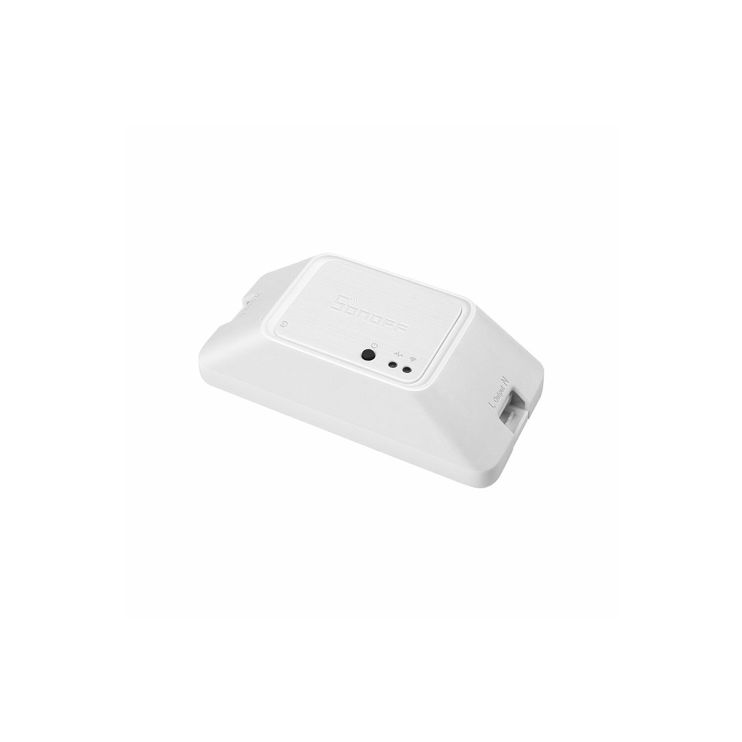 Weißes, rechteckiges Smart-Home-Gerät. Zwei kleine Lichter und ein Knopf sind sichtbar.