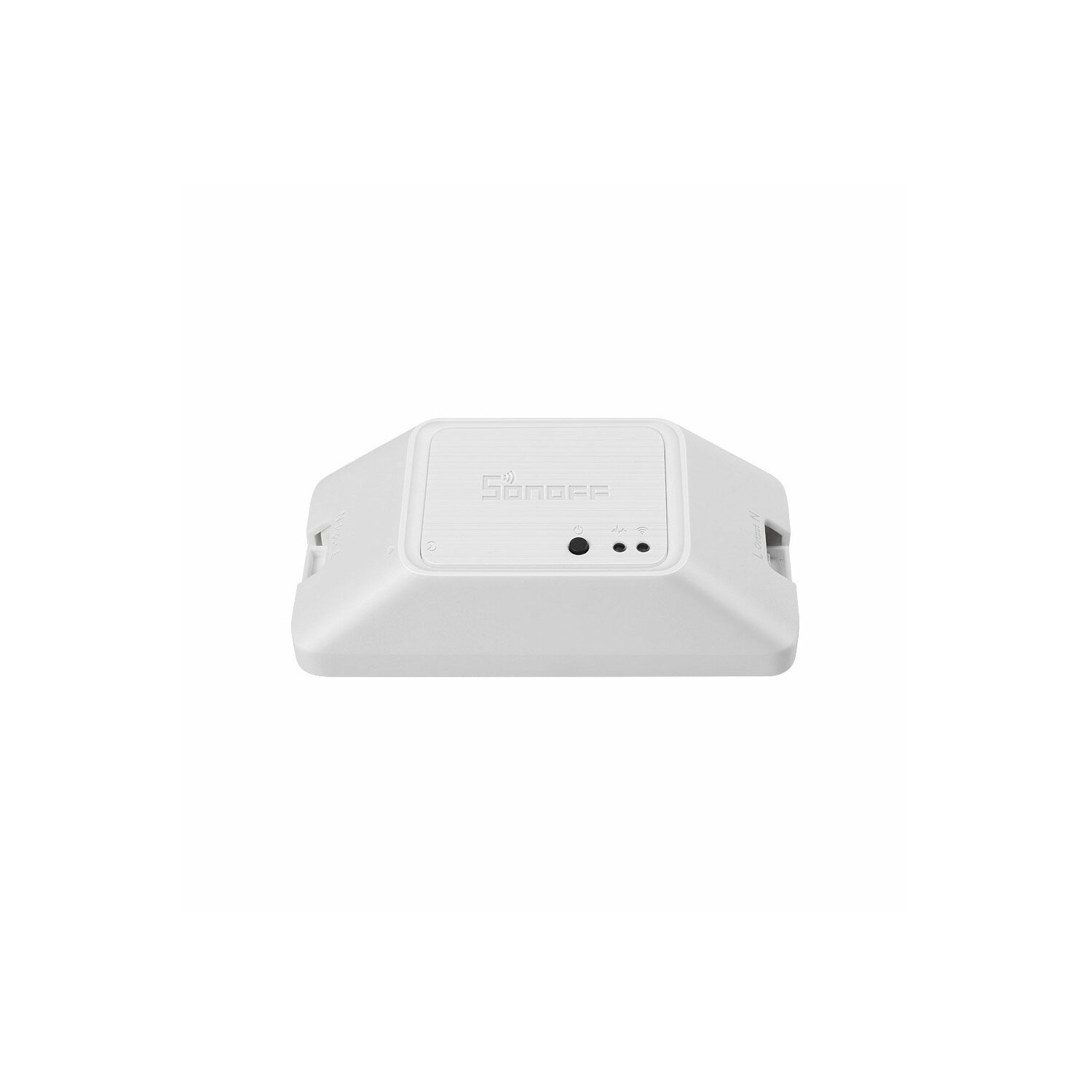 Weißes Smart-Home-Gerät mit Sonoff-Logo. Es hat zwei kleine Kreise und eine flache weiße Oberfläche.