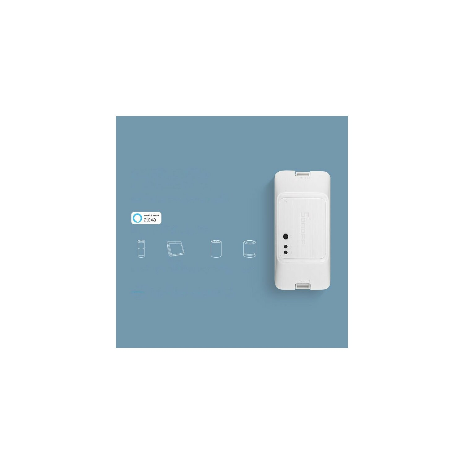 Weißes Smart-Home-Gerät mit Alexa-Logo und mehreren Symbolen.