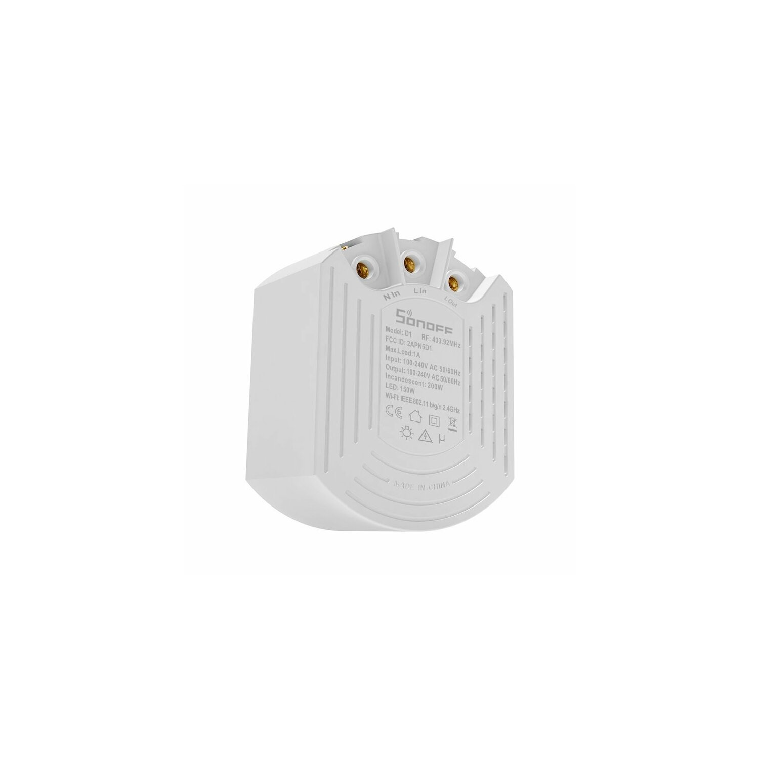 Dispositivo domestico intelligente bianco con porte di ingresso/uscita. Testo ed etichette visibili.