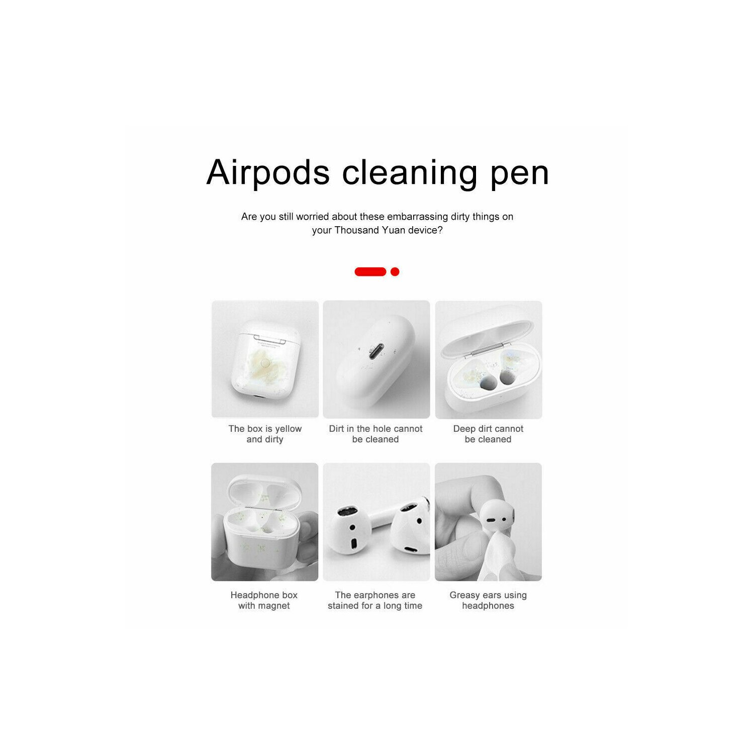 Airpods-Reinigungstift mit Bildern, die verschiedene Reinigungsprobleme zeigen.
