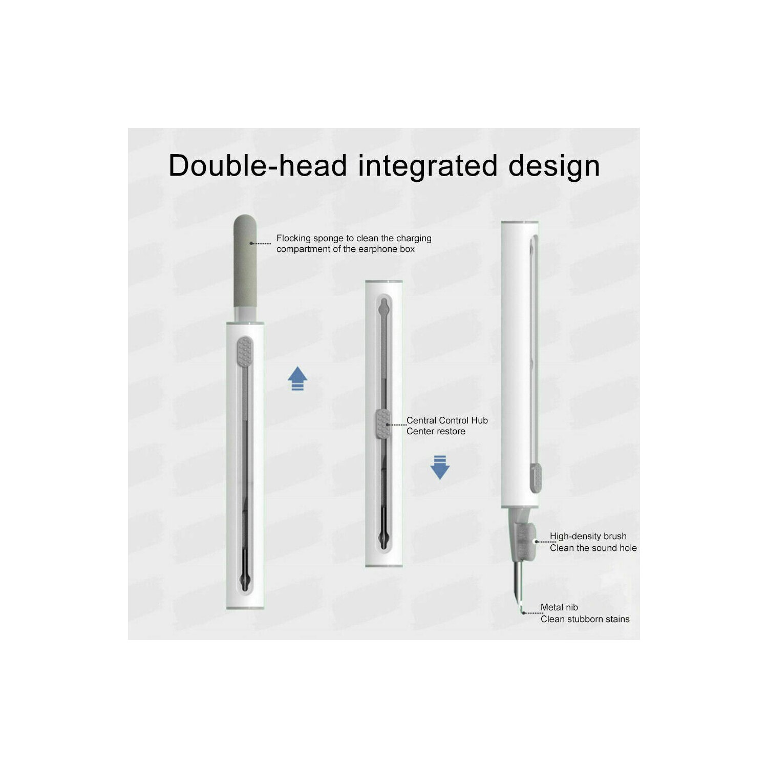 Reinigungswerkzeug mit drei Teilen. Text: 'Double-head integrated design'. Detaillierte Darstellung.