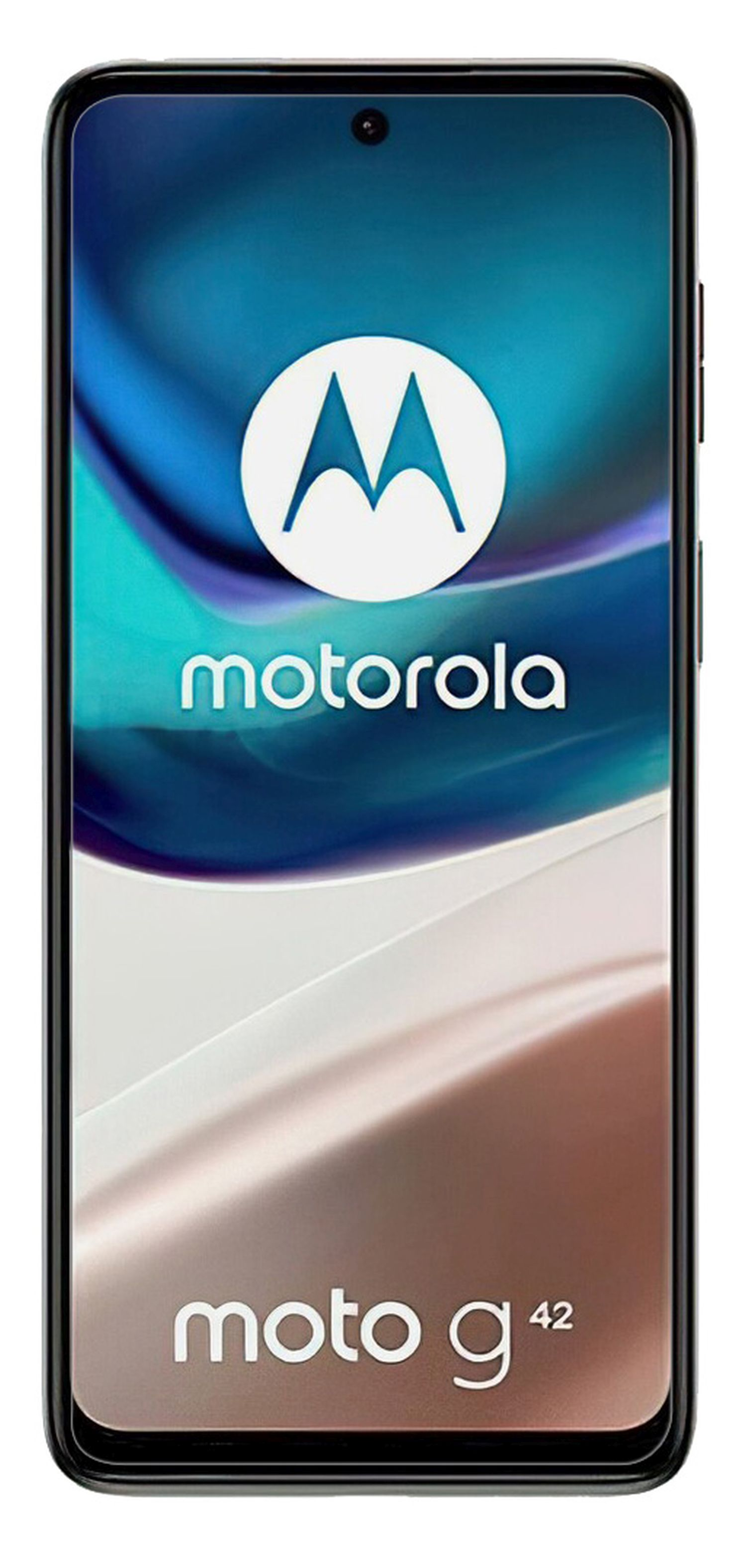 Motorola Moto G42 Smartphone, schwarzer Rahmen, Logo zentriert. Blau-weißer Hintergrund.