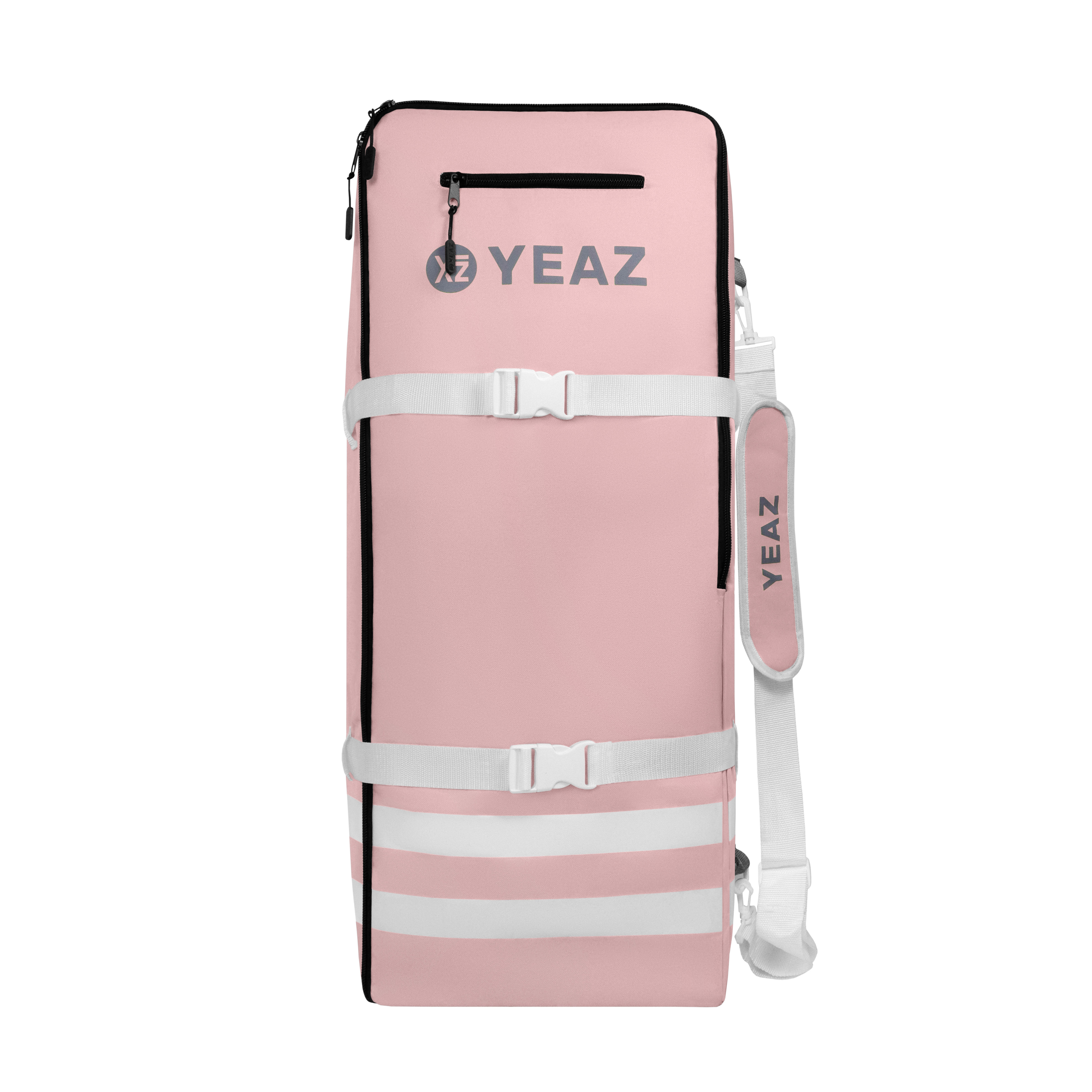 Rosa-weiße YEAZ-Reisetasche mit Trägern und Schnallen auf weißem Hintergrund.