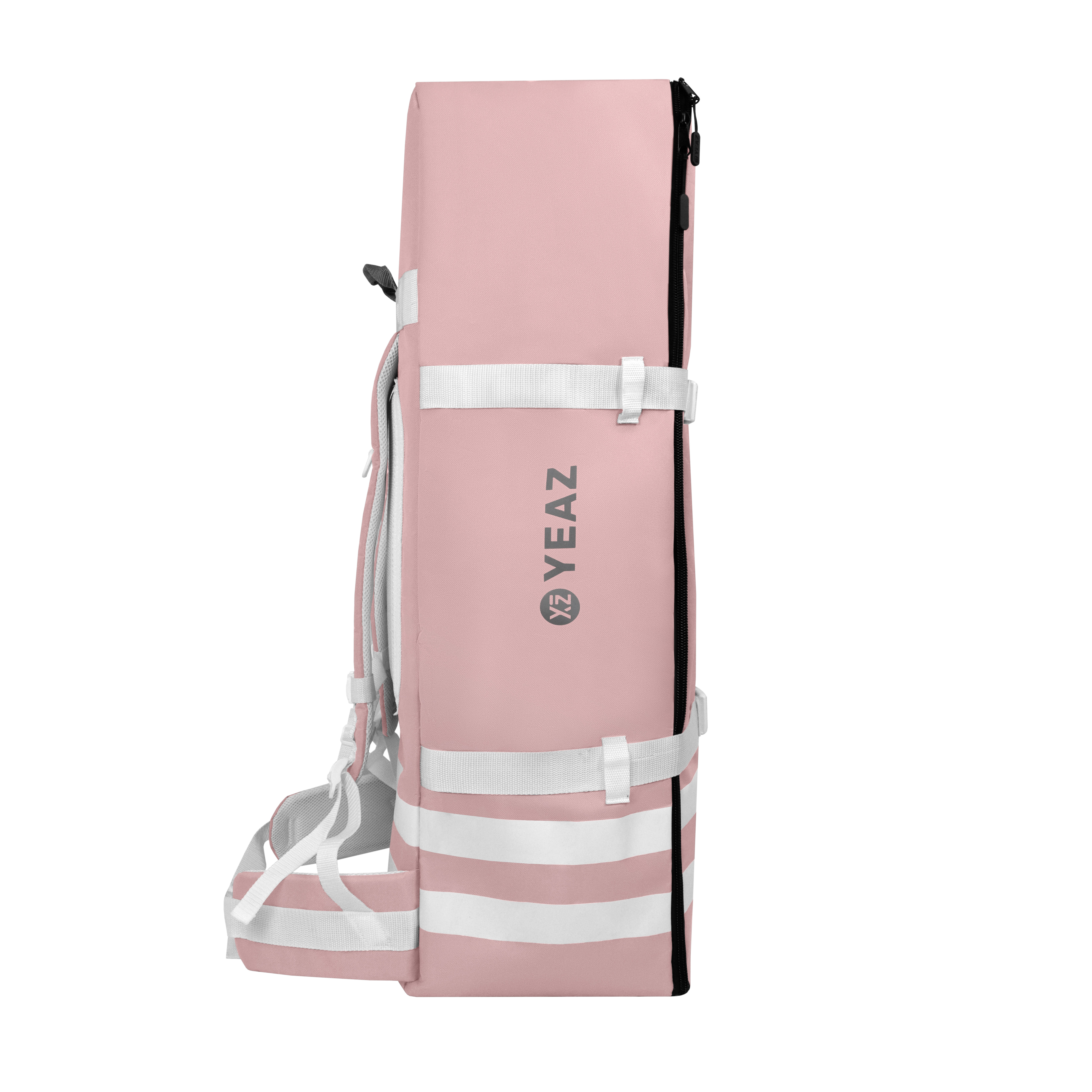 Ein rosa-weißer Rucksack mit weißen Trägern und einem schwarzen Reißverschluss. Er steht vor weißem Hintergrund.