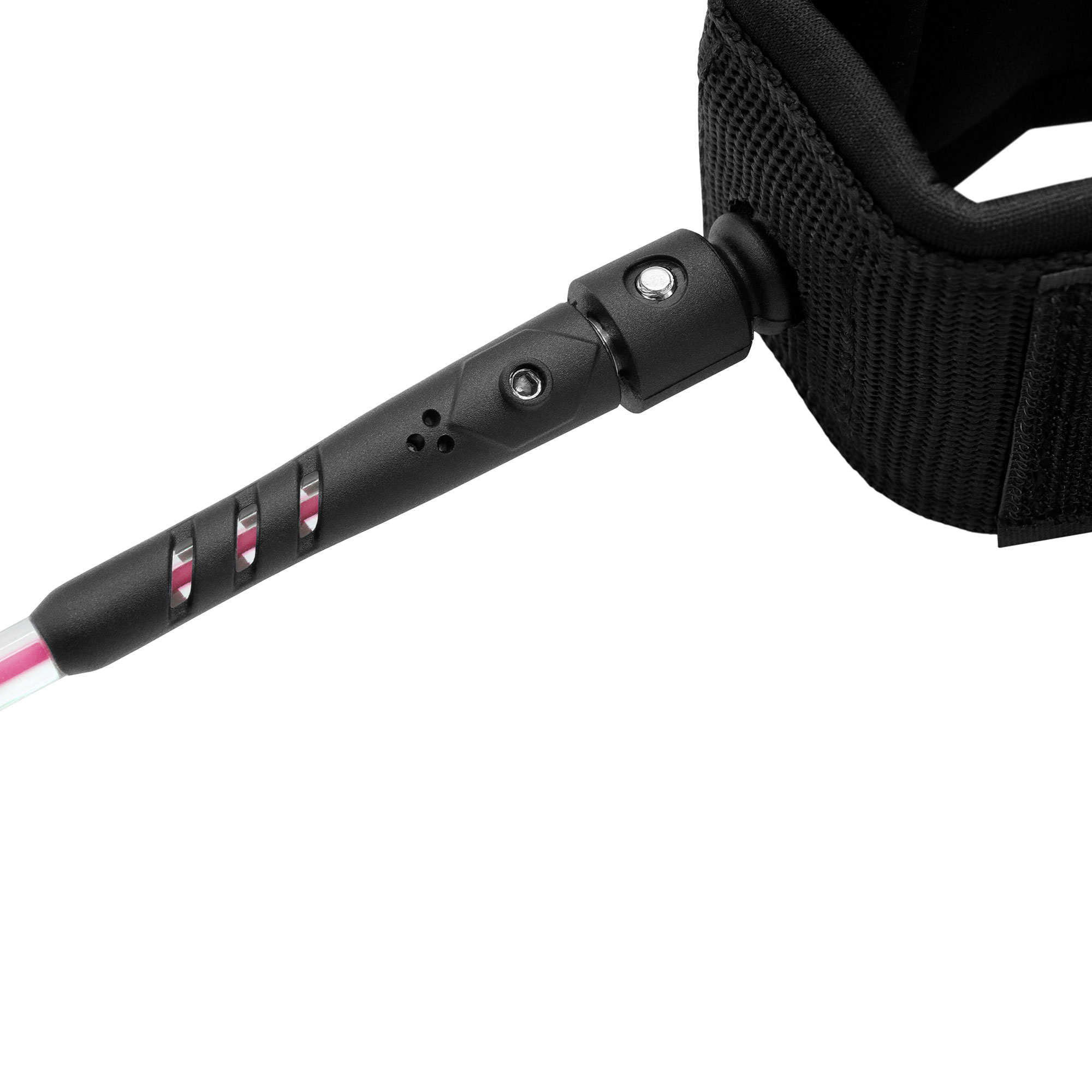 Surfbrett-Leash mit schwarzer Manschette und klarer, spiralförmiger Schnur. Verbindung mit schwarzem Teil.