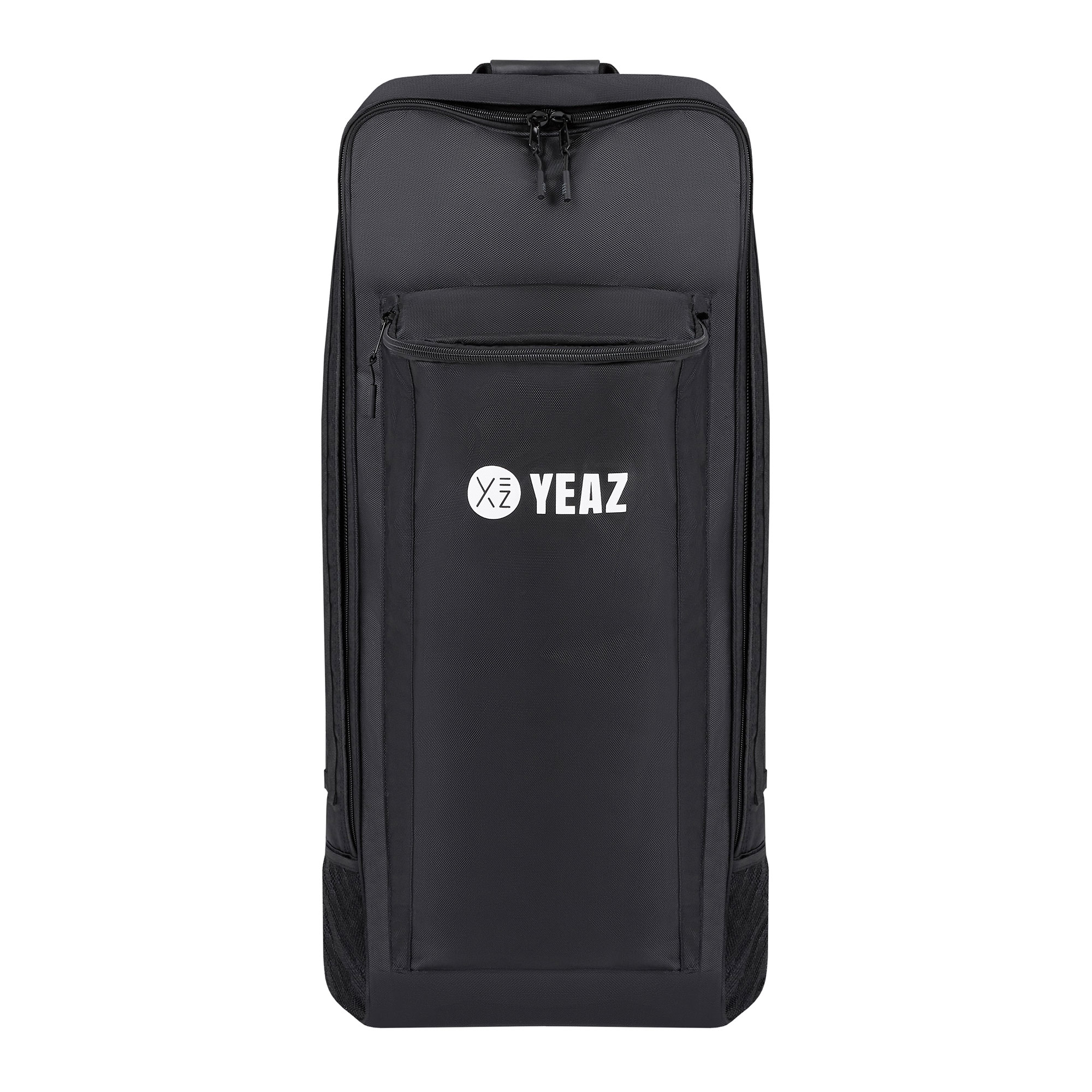Sac de bagage noir Yeaz, avec une poche avant et un logo blanc Yeaz.