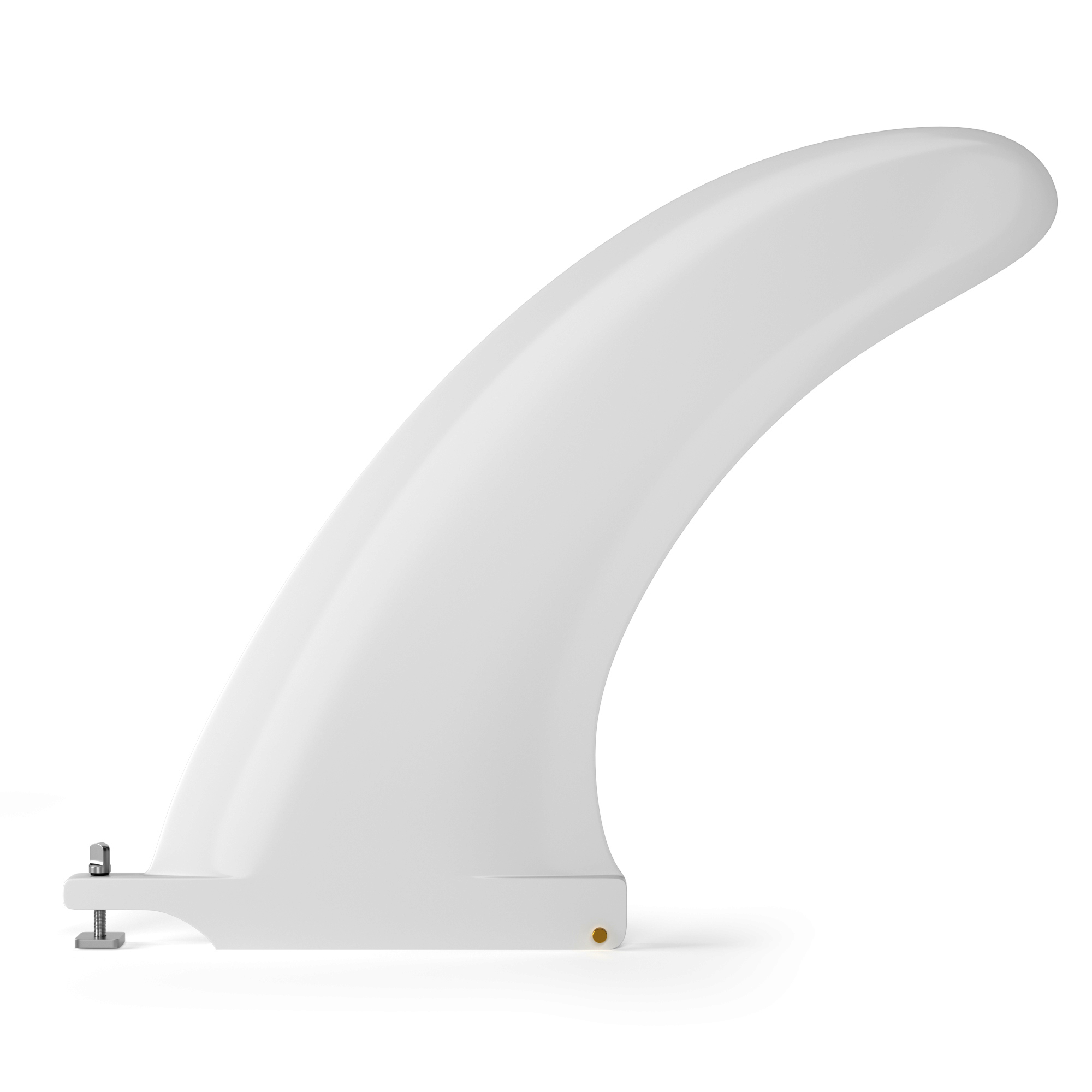 Un aileron de planche de surf blanc, incurvé et debout. Il est monté sur une base avec une vis.