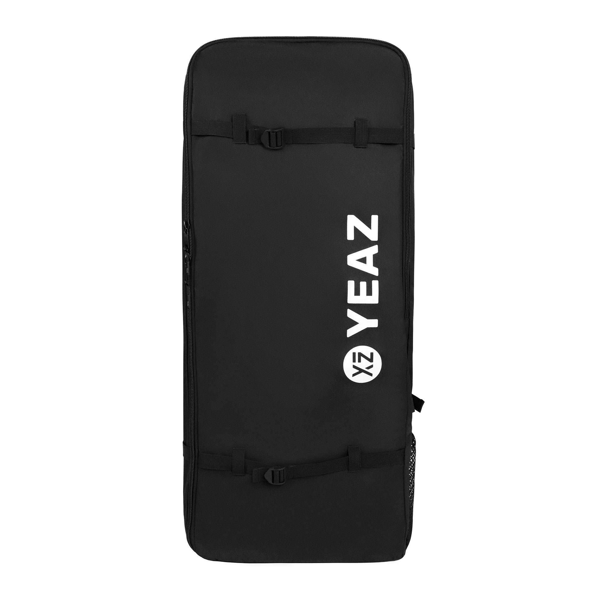 Schwarze Tasche mit weißem Text 'YEAZ' und dem Yeaz-Logo. Sie hat Riemen und Verschlüsse.