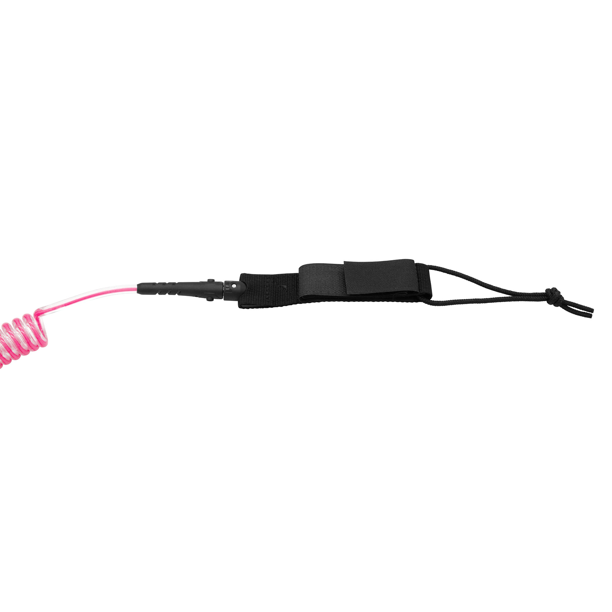 Pink-weißes Surfbrett-Leash, schwarze Handschlaufe und schwarze Kordel. Weißer Hintergrund.