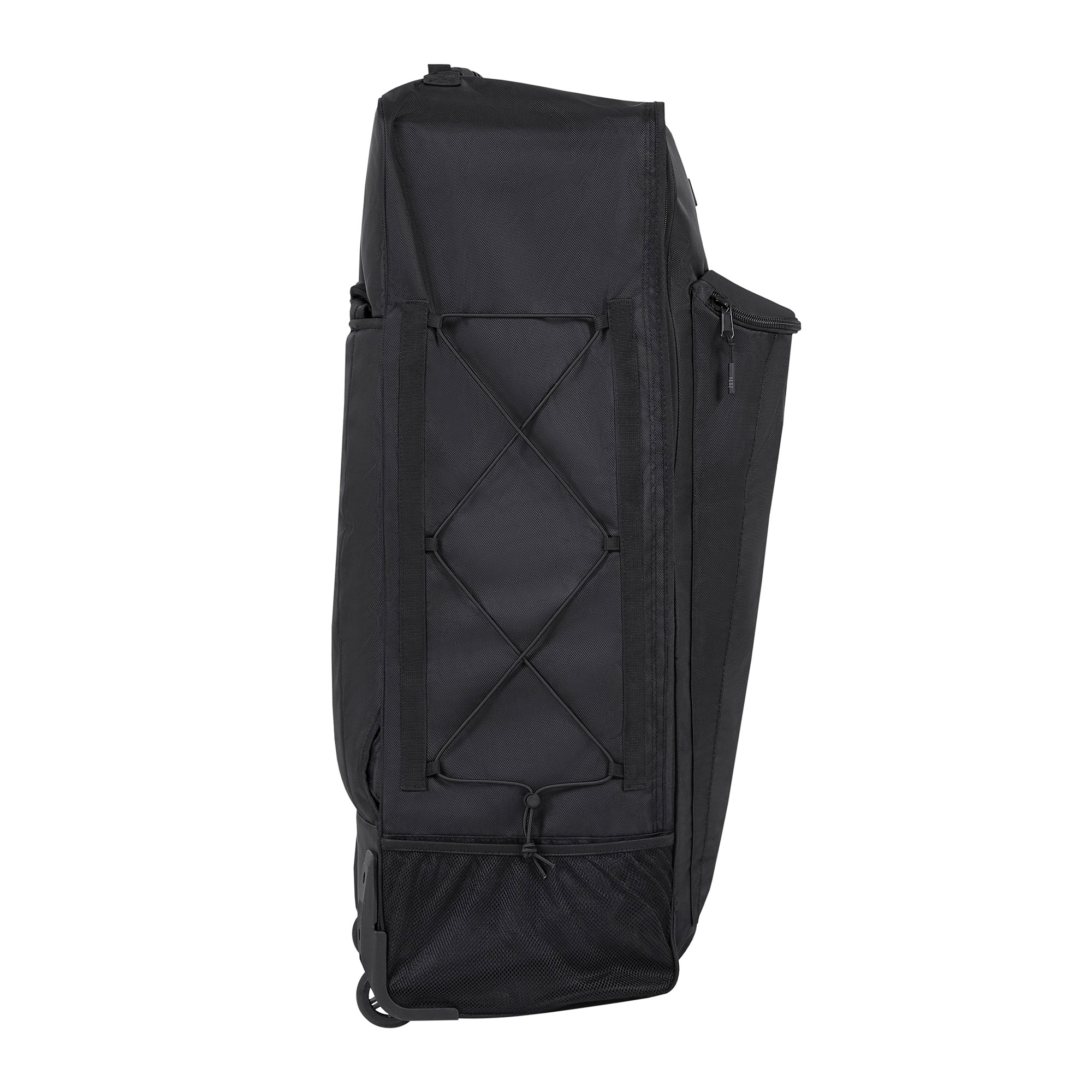 Sac de voyage à roulettes noir, avec une poche latérale et cordon élastique noir devant.