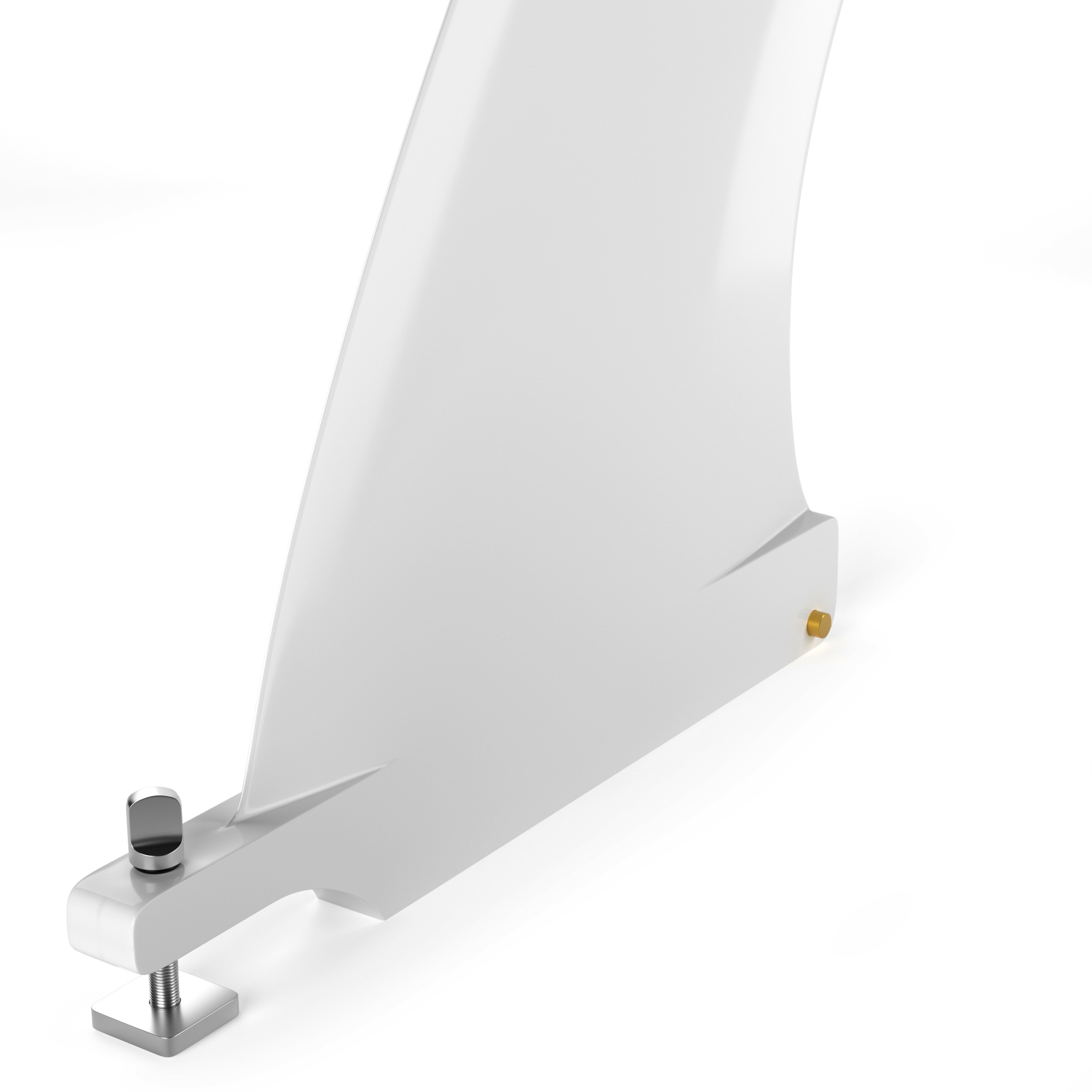 Aileron de planche de surf blanc avec pince et vis métallique, isolé.