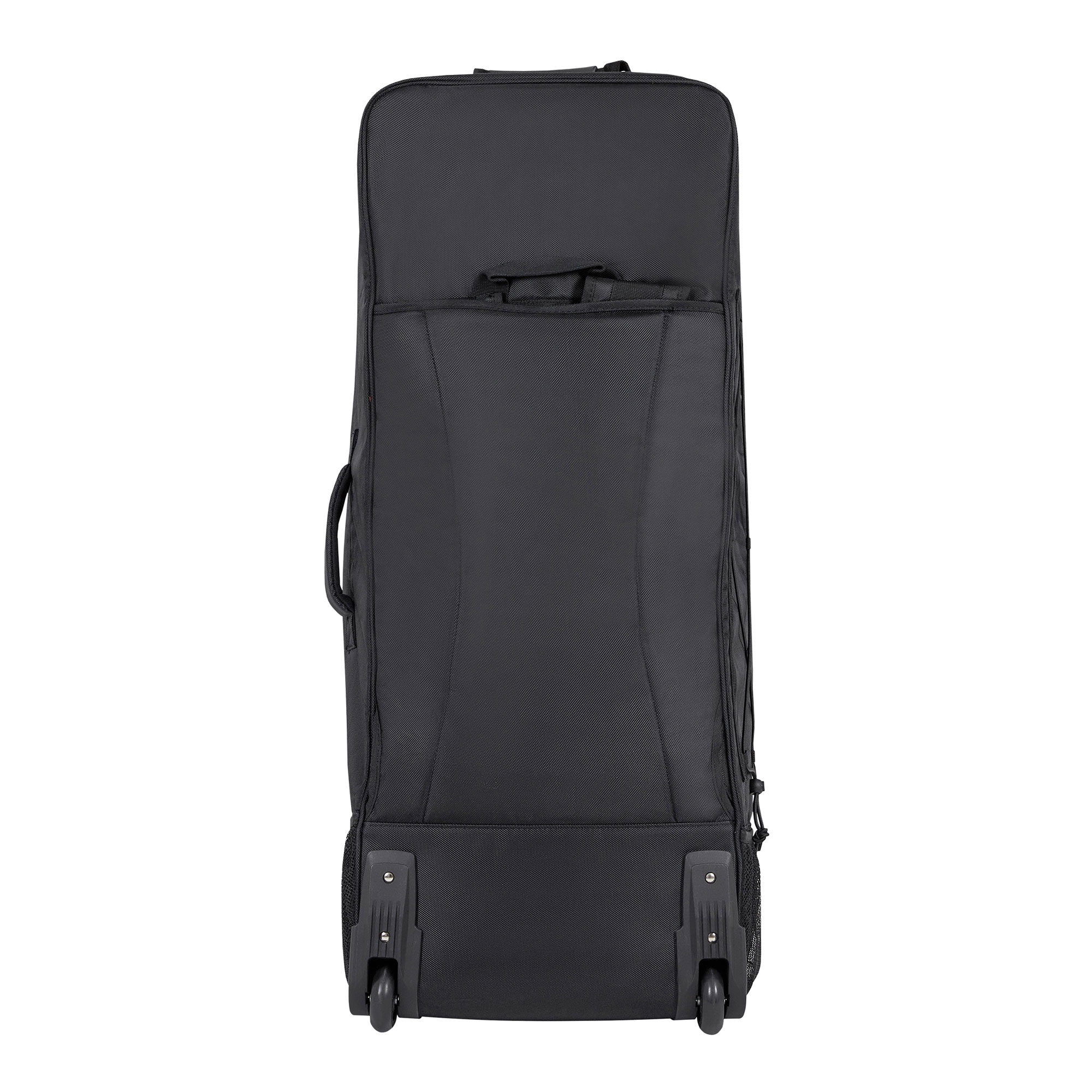 Grande valise noire à roulettes avec poignée, vue de dos.